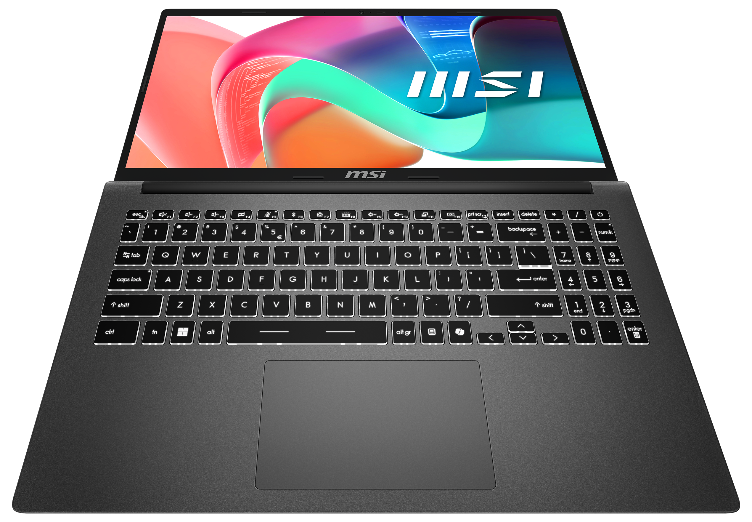 Laptop mit geöffnetem Bildschirm, der abstrakte Kunst zeigt. Tastatur und Touchpad sind sichtbar. MSI-Logo oben.