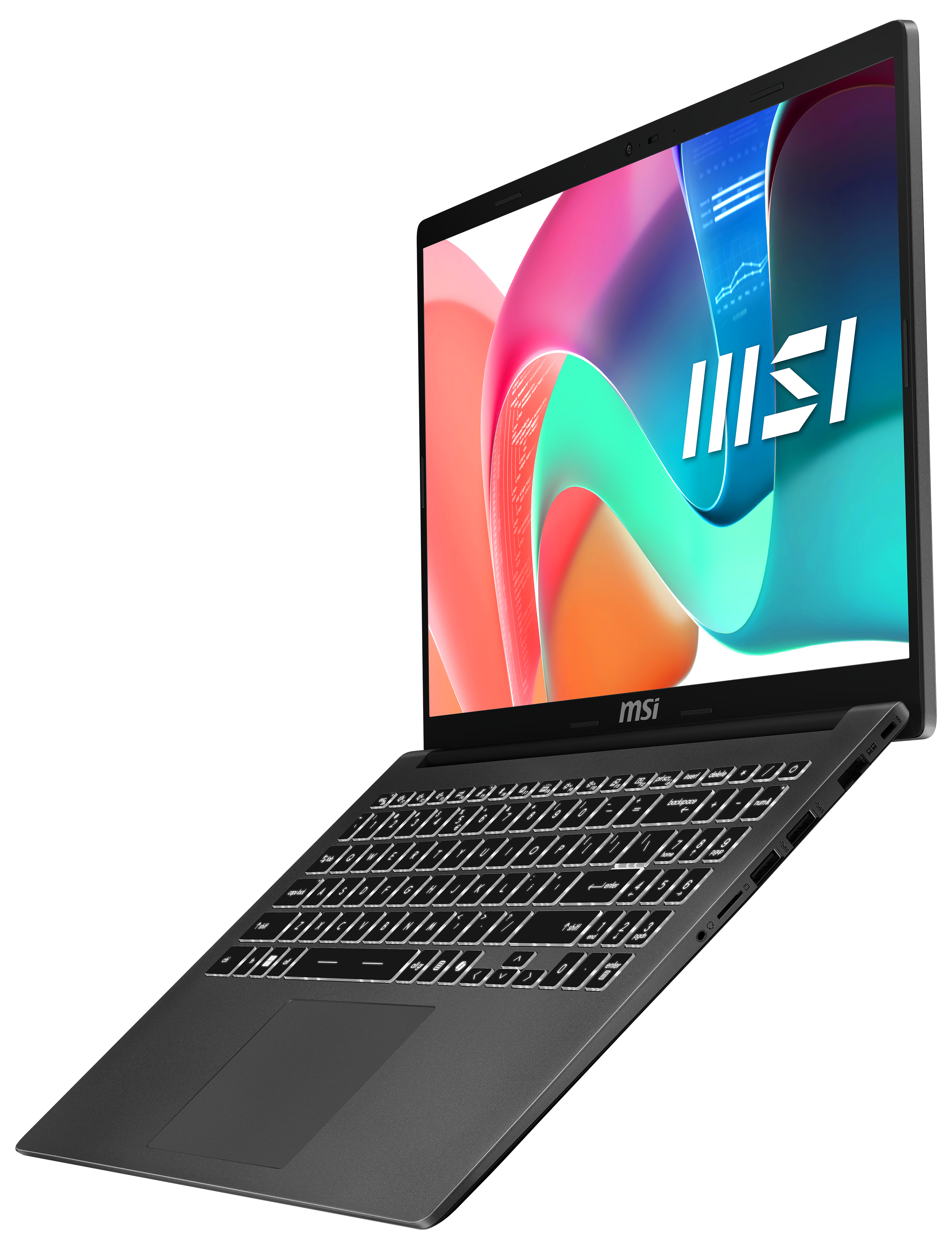Ein grauer Laptop mit beleuchteter Tastatur, der eine farbenfrohe Grafik anzeigt. Das MSI-Logo ist sichtbar.