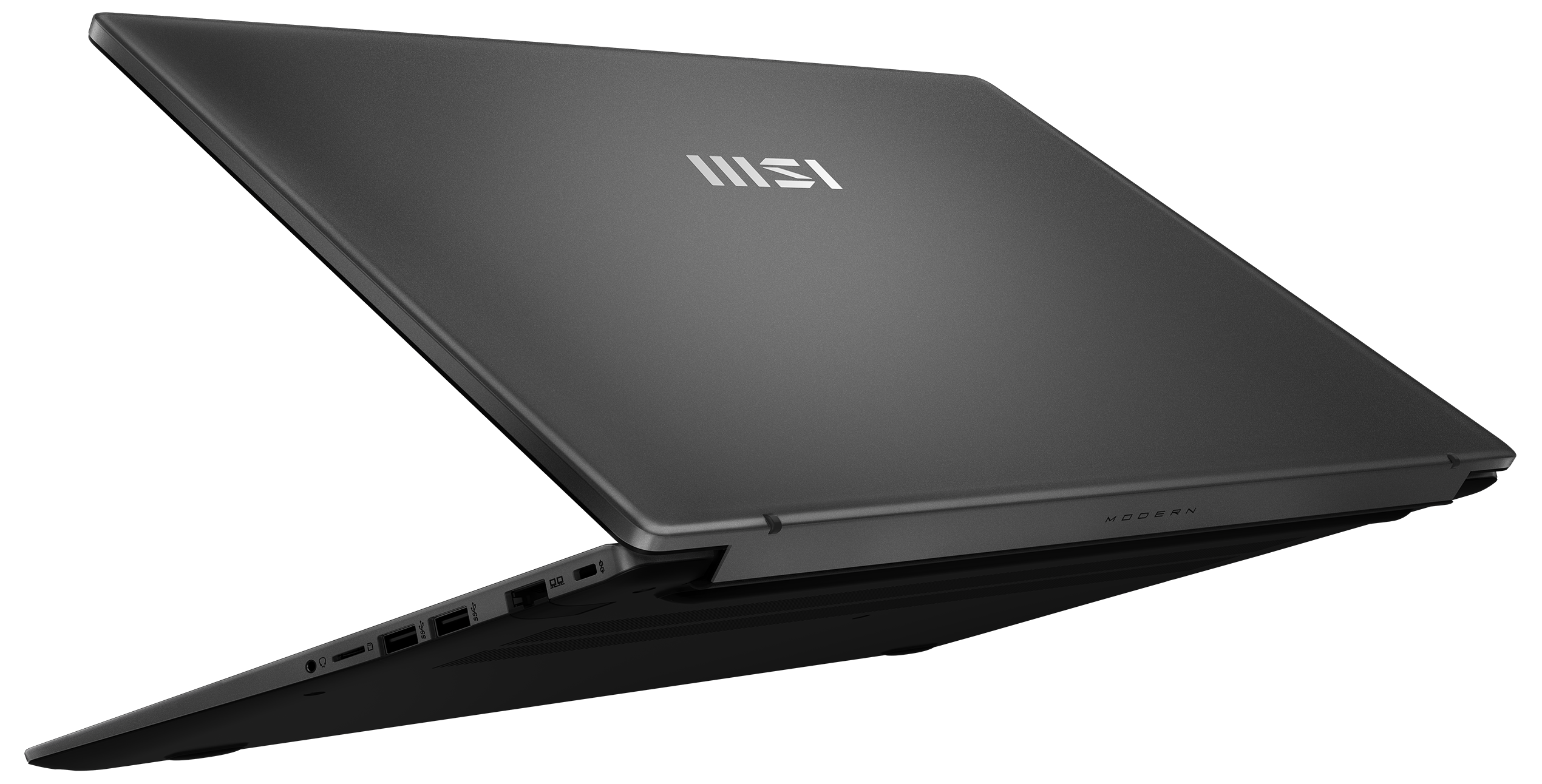 Dunkelgrauer Laptop, teilweise geöffnet, vor schwarzem Hintergrund. Das MSI-Logo ist sichtbar. Das Wort MODERN steht unten.