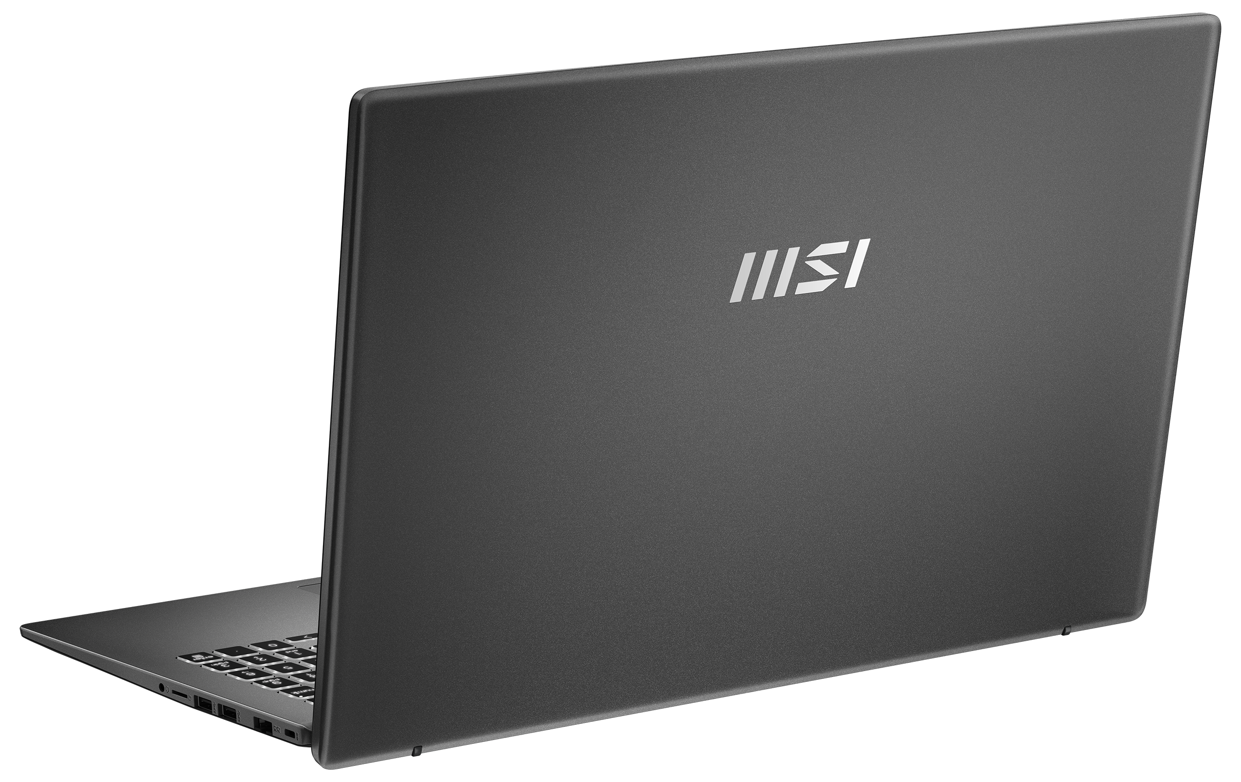 Dunkelgrauer Laptop, geschlossen, mit silbernem Logo auf dem Deckel, vor schwarzem Hintergrund.