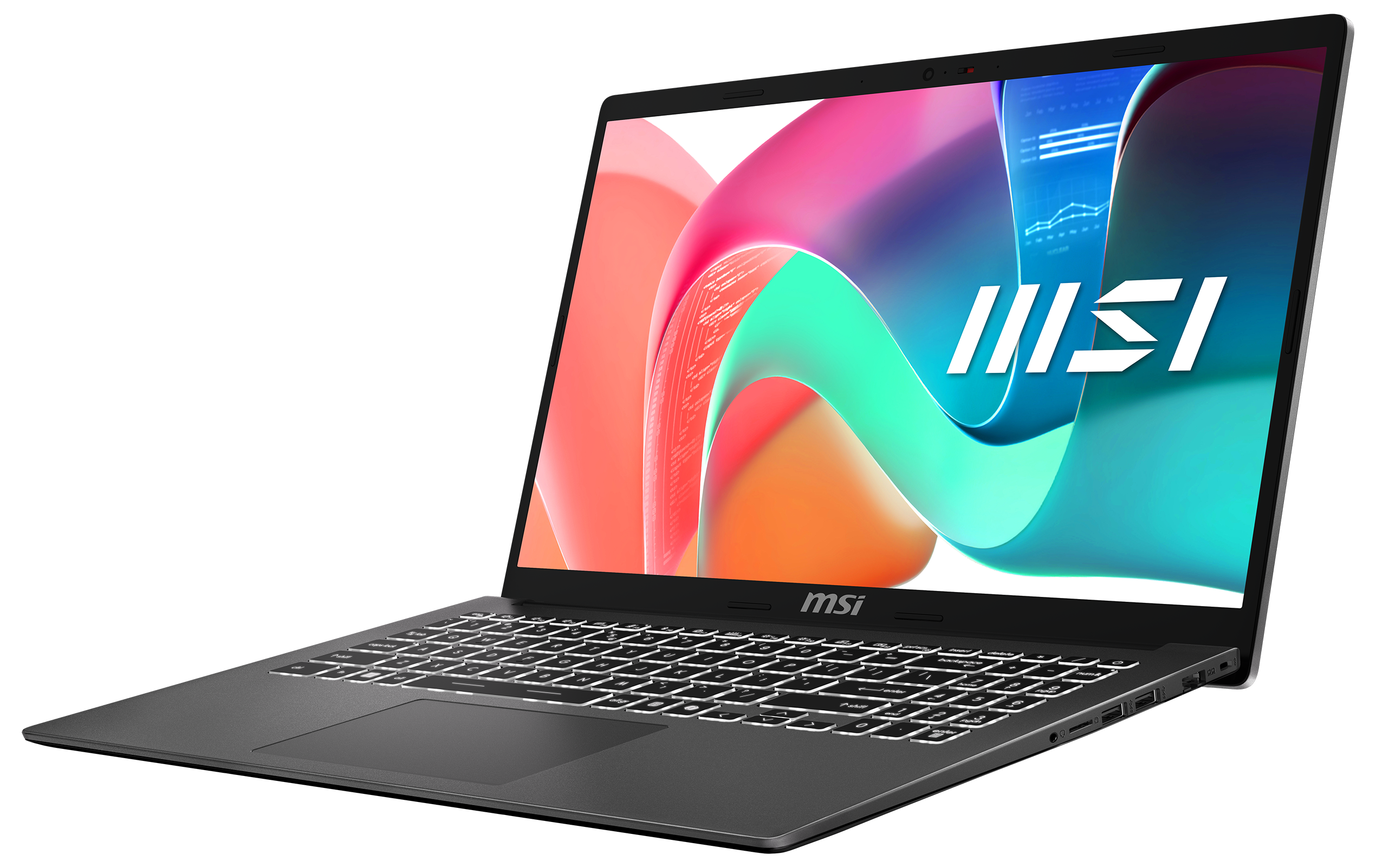 Dunkler Laptop mit Tastatur und Bildschirm mit abstrakten, farbenfrohen Grafiken. MSI-Logo sichtbar.