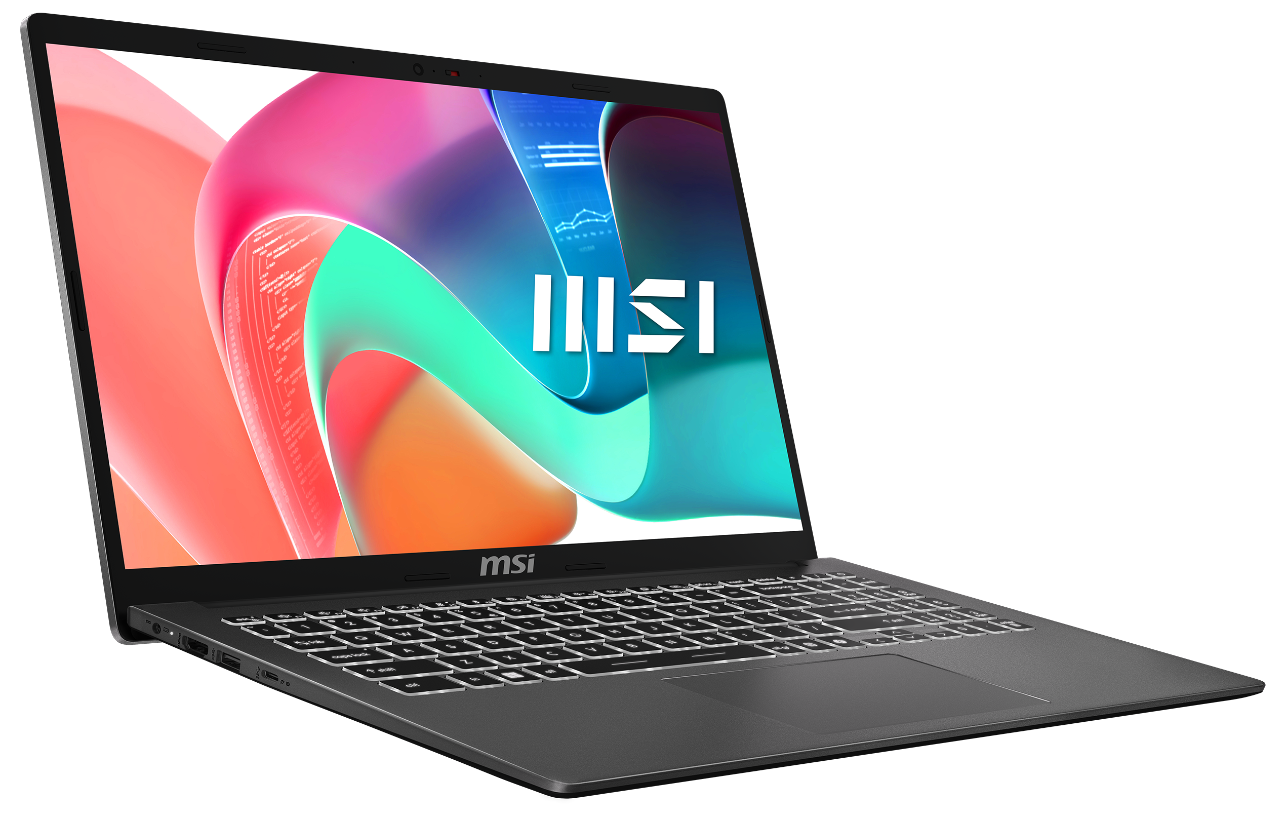 Ein grauer MSI-Laptop mit farbenfrohem Bildschirm wird vor schwarzem Hintergrund angezeigt. Das Logo ist sichtbar.