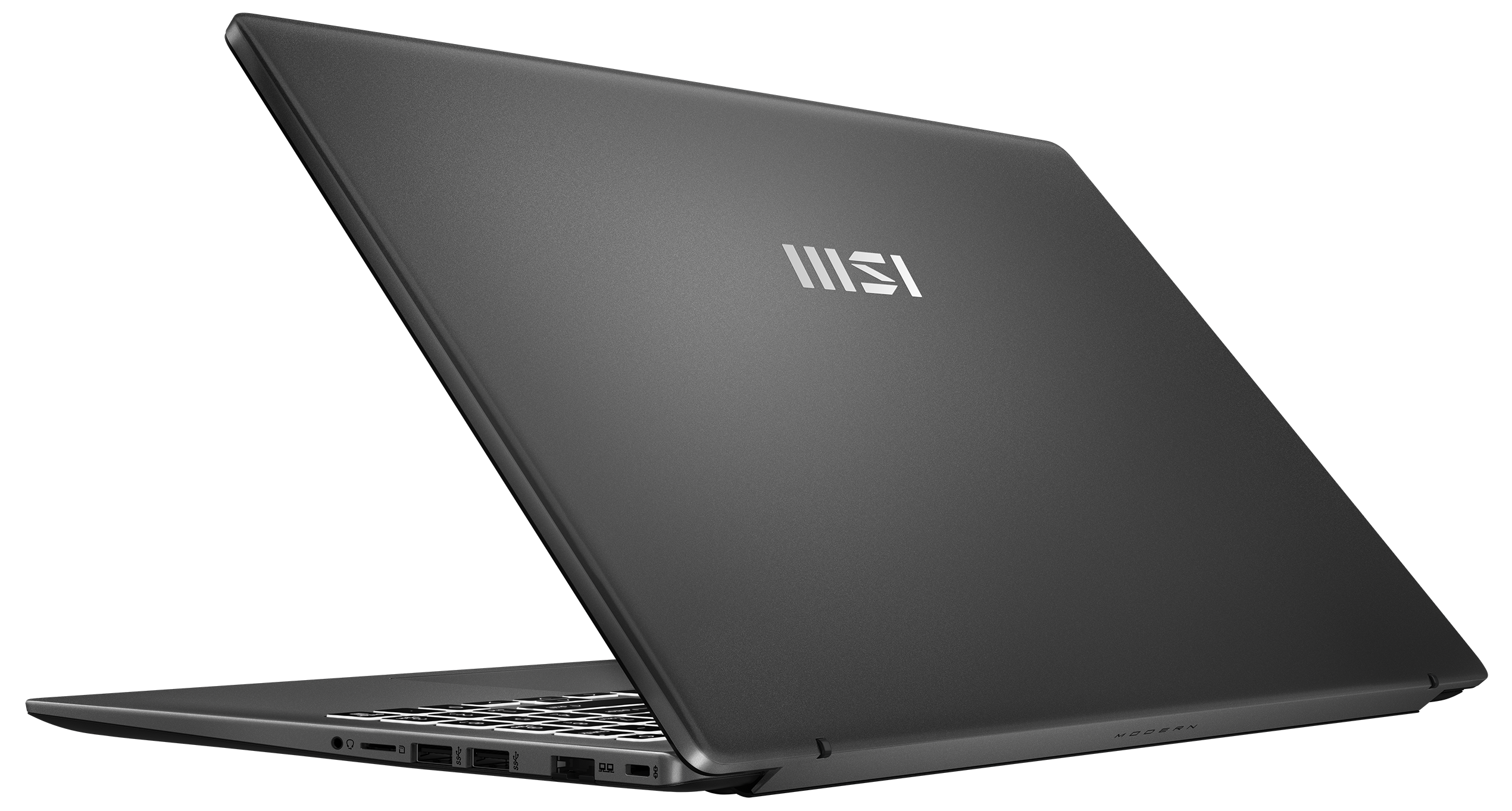 Ein dunkelgrauer Laptop ist teilweise auf schwarzem Hintergrund geöffnet. Das MSI-Logo ist auf dem Deckel zu sehen.