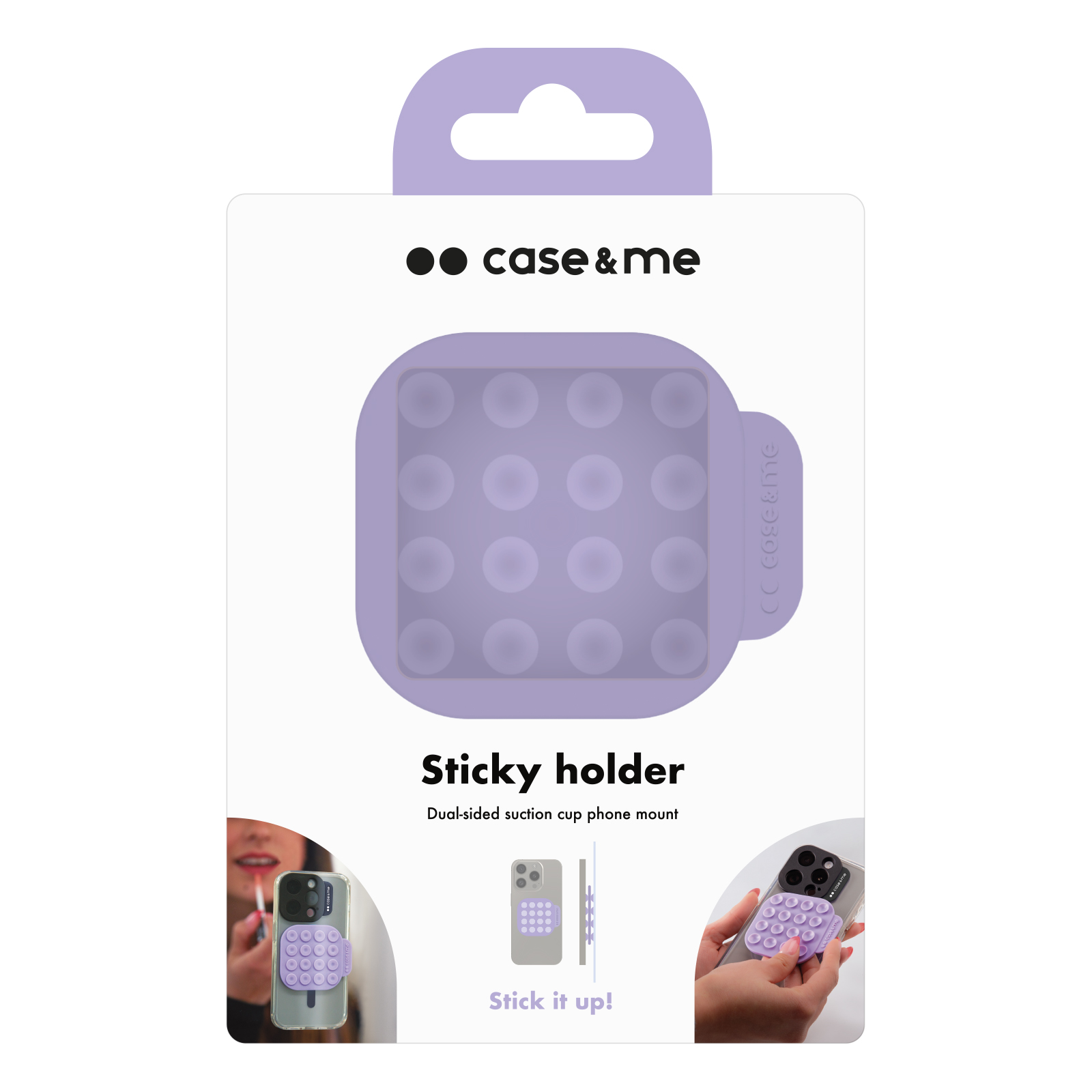 Mor telefon tutucu içeren paket. Metin: Sticky holder, case&me. Telefon örnekleri içerir.