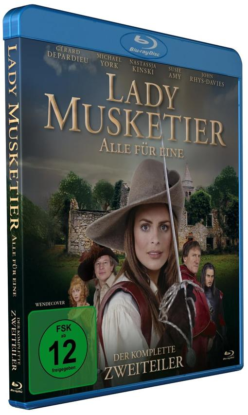 Blu-ray-Cover von 'Lady Musketeer'. Eine Frau mit Hut und Schwert steht im Mittelpunkt, dahinter Darsteller. Hintergrund ein Schloss.
