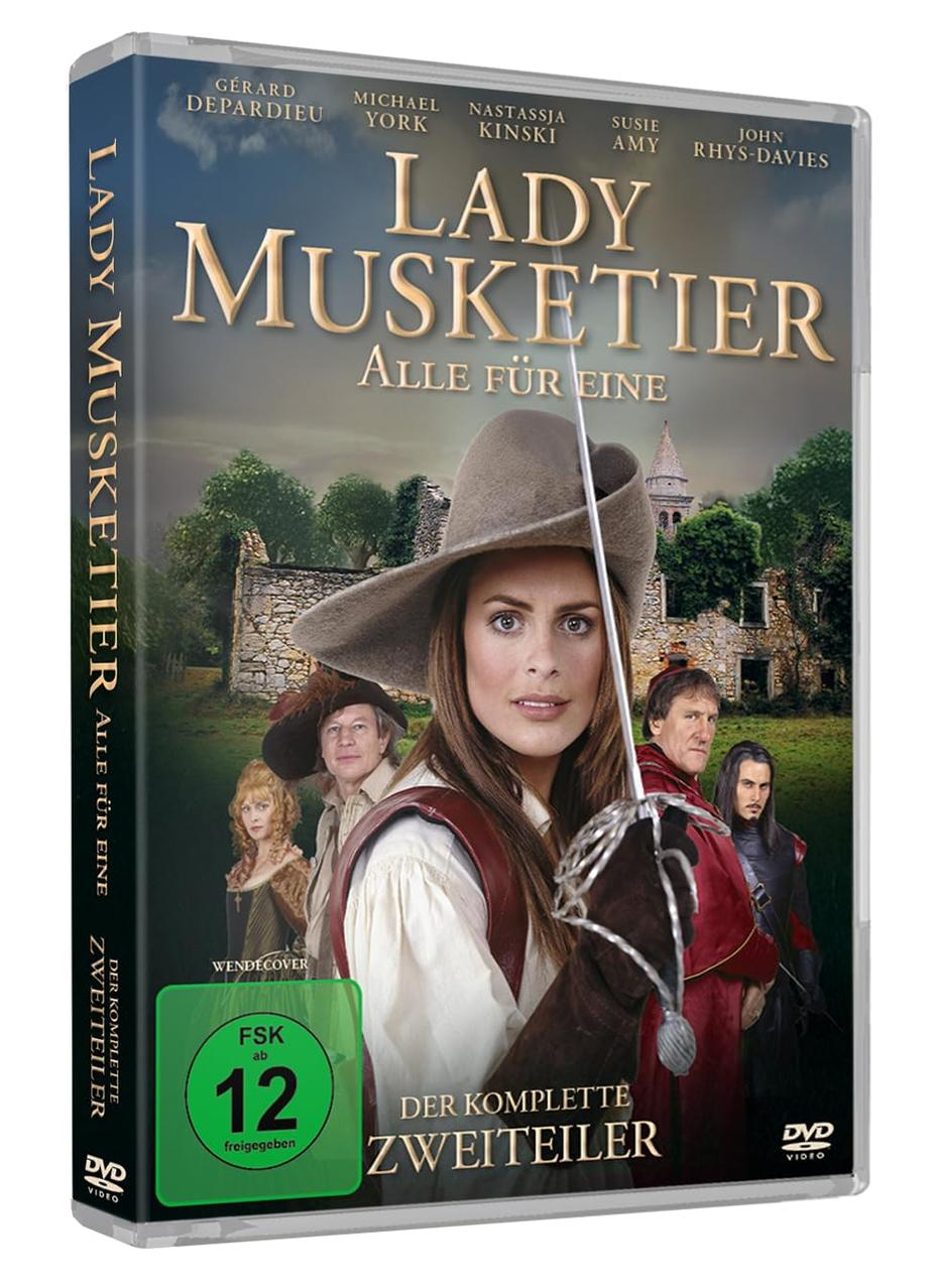 DVD-Cover: Lady Musketeer. Eine Frau mit Hut hält ein Schwert. Andere Schauspieler sind im Hintergrund. Titel und Schauspielernamen sind oben.