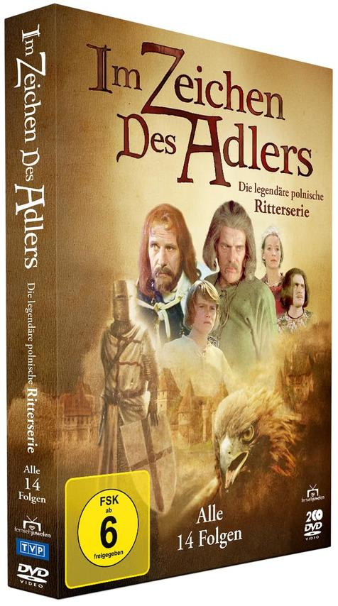 DVD-Hülle: 'Im Zeichen Des Adlers' mit Schauspielern, Adler und Ritter. Text enthält Serientitel und 'Alle 14 Folgen'.