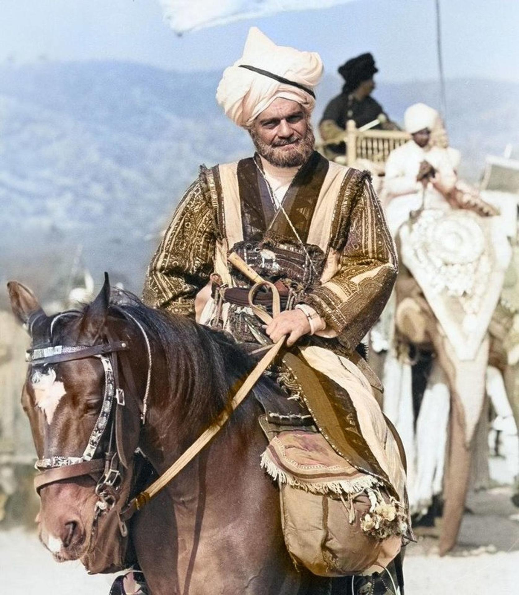 Mann in verzierten Gewändern auf einem braunen Pferd. Andere reiten auf einem Elefanten. Der Mann hat einen weißen Turban. Berge im Hintergrund.