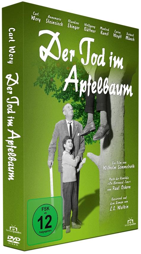 DVD-Cover: Mann und Junge schauen zu Beinen in einem Apfelbaum. Titel: Der Tod im Apfelbaum. Grüner Hintergrund.