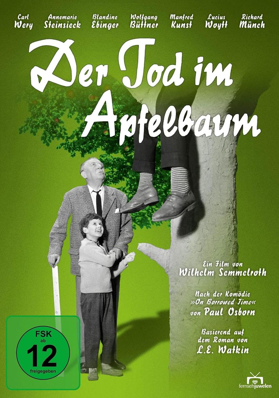 Filmplakat: Mann und Kind im Apfelbaum. Text auf Deutsch. Beine hängen vom Baum. Grüner Hintergrund.