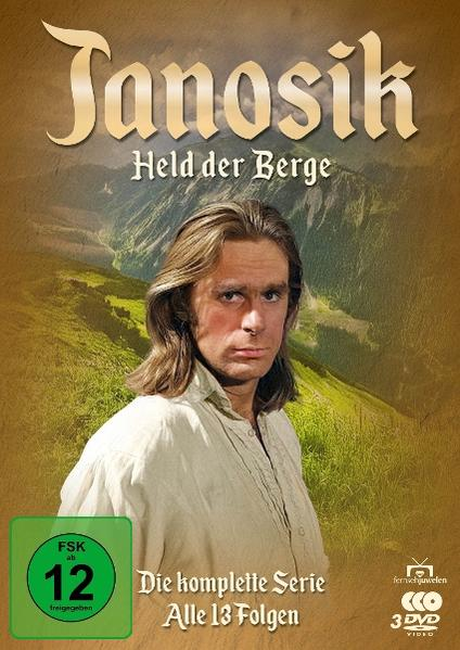 DVD-Cover: Ein Mann mit langen Haaren steht vor Bergen. Der Titel lautet 'Janosik, Held der Berge.' FSK 12 Logo sichtbar.