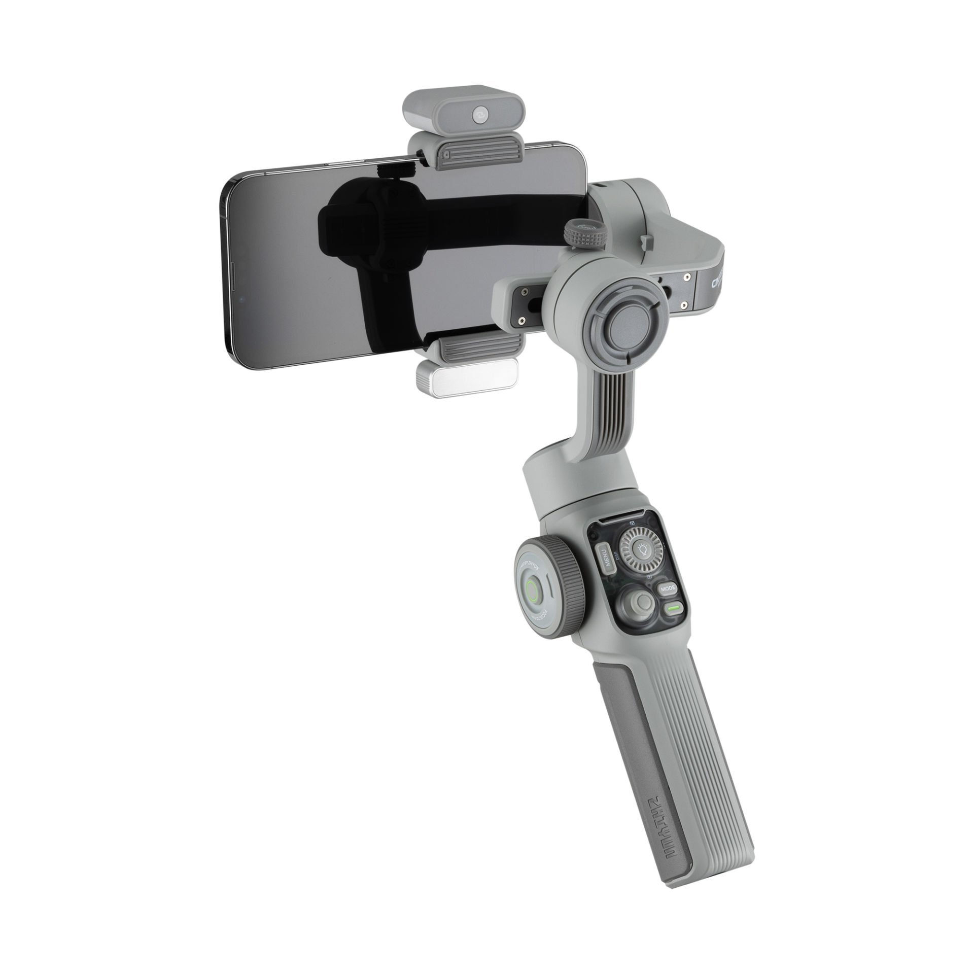 Gri bir akıllı telefon gimbal sabitleyici bir telefon tutuyor. Düğmeleri, bir tutacağı ve diğer özellikleri var.