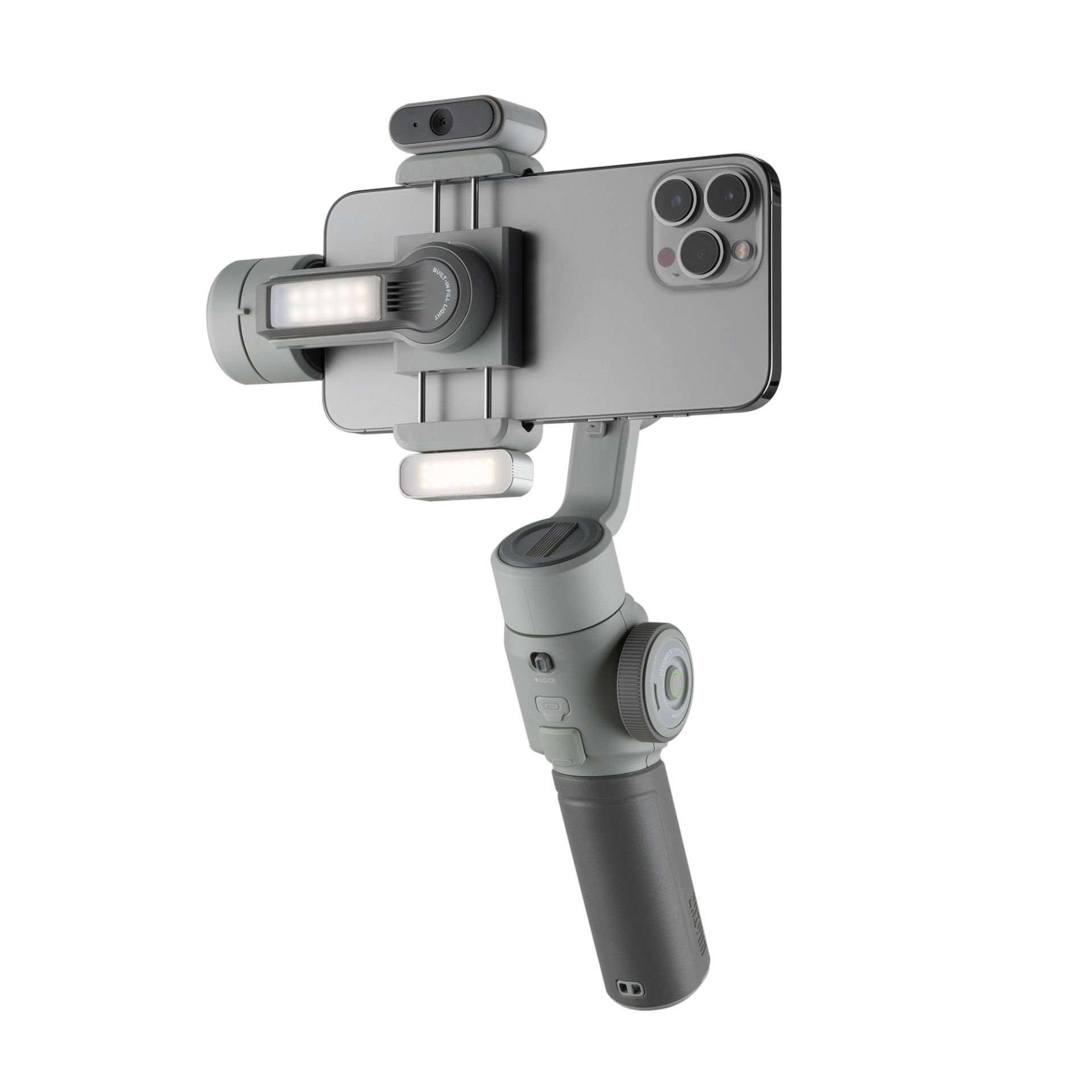 Işıklar ve kamerası olan bir gimbal sabitleyiciye takılı gri bir akıllı telefon. Arka plan beyaz.