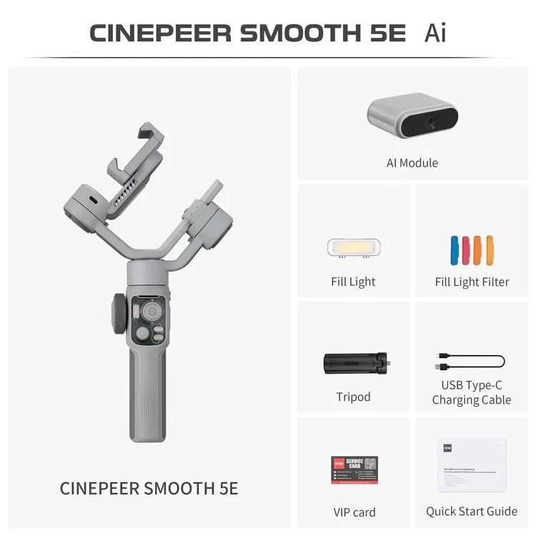 Gri bir Cinepeer Smooth 5E sabitleyici, aksesuarlarıyla birlikte gösteriliyor: bir Yapay Zeka modülü, dolgu ışığı, filtreler, tripod ve kablolar.