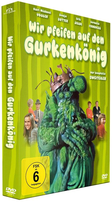 DVD-Cover: "Wir pfeifen auf den Gurkenkönig". Grünes, cartoonhaftes Monster mit Krone. Personen im Hintergrund. FSK 6.