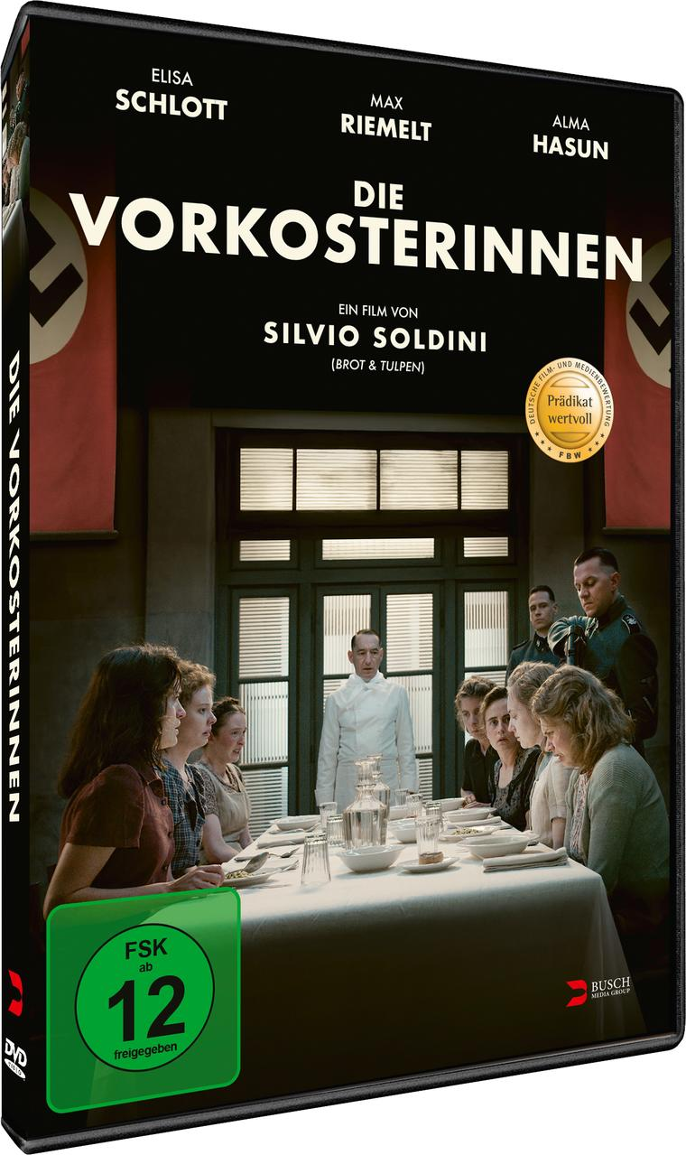 DVD-Cover, Film 'Die Vorkosterinnen'. Personen sitzen an einem Tisch. Titel, Schauspielernamen und Bewertungsinformationen sind sichtbar.