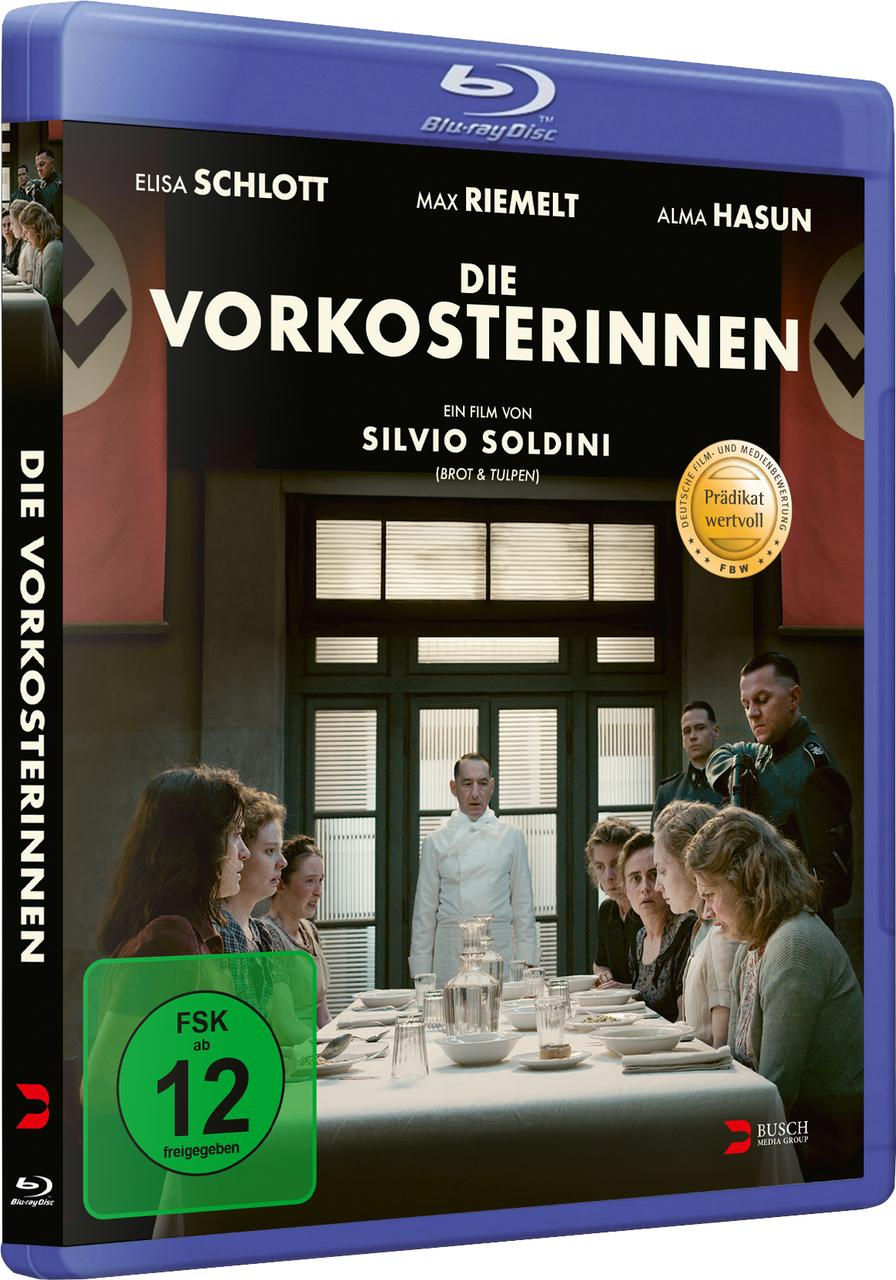 Blu-ray-Cover: Frauen am Tisch, ein Mann in Weiß und Nazi-Offiziere im Hintergrund. Titel: Die Vorkosterinnen.