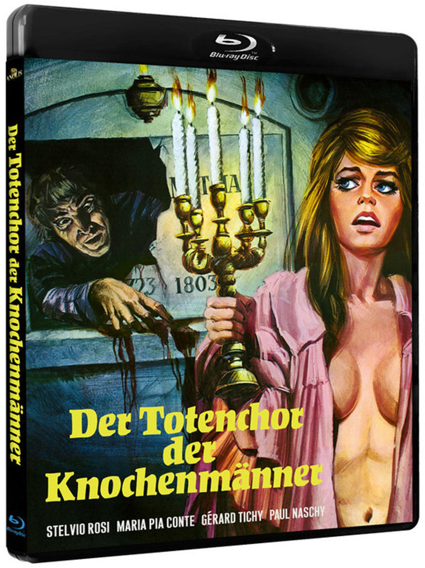 Filmcover mit Frau, Kerzen und einem Mann. Text sagt "Der Totenchor der Knochenmänner". Blu-ray Disc.