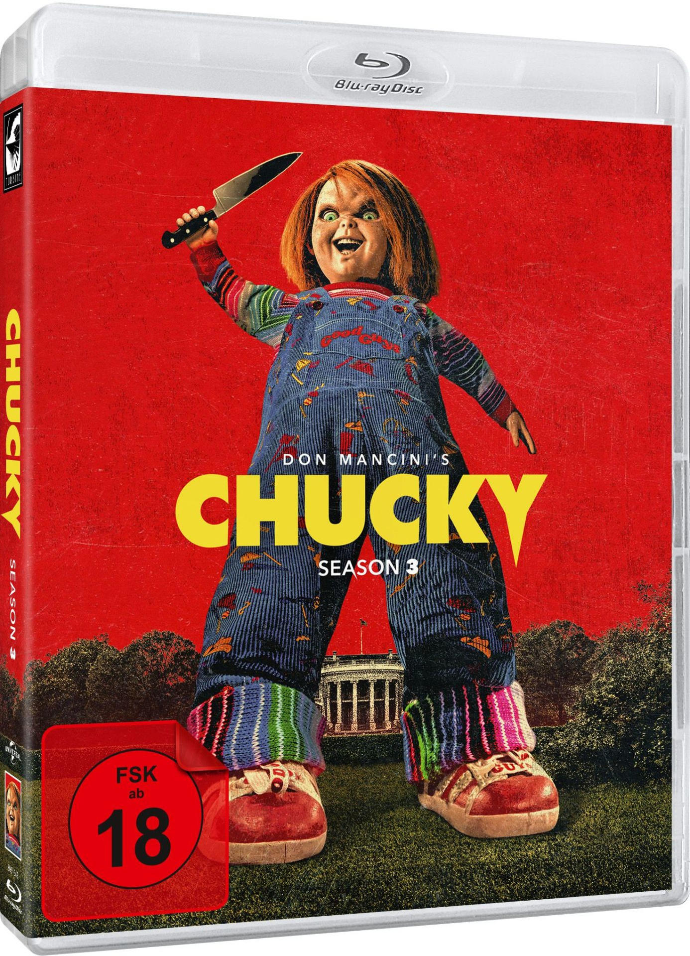 Chucky-Puppe mit Messer, roter Hintergrund, Season 3 Blu-ray-Cover. Zeigt Chucky in Latzhose, Messer haltend. FSK 18-Rating.