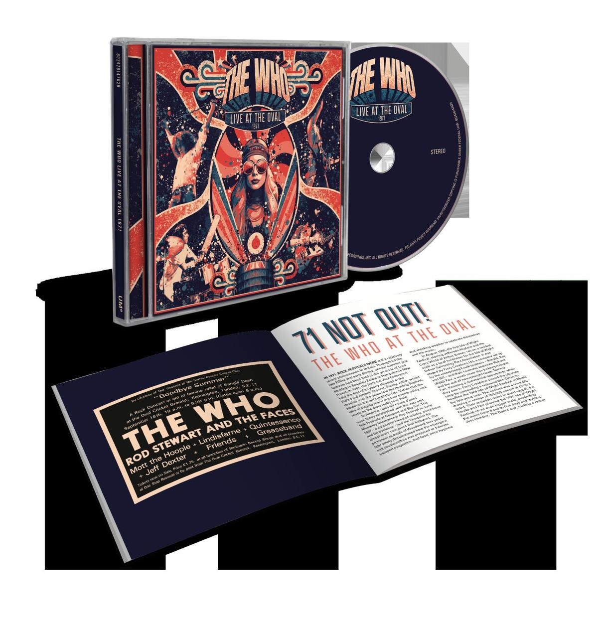 Albumcover von The Who, Live at The Oval 1971, mit CD und Broschüre mit Text.