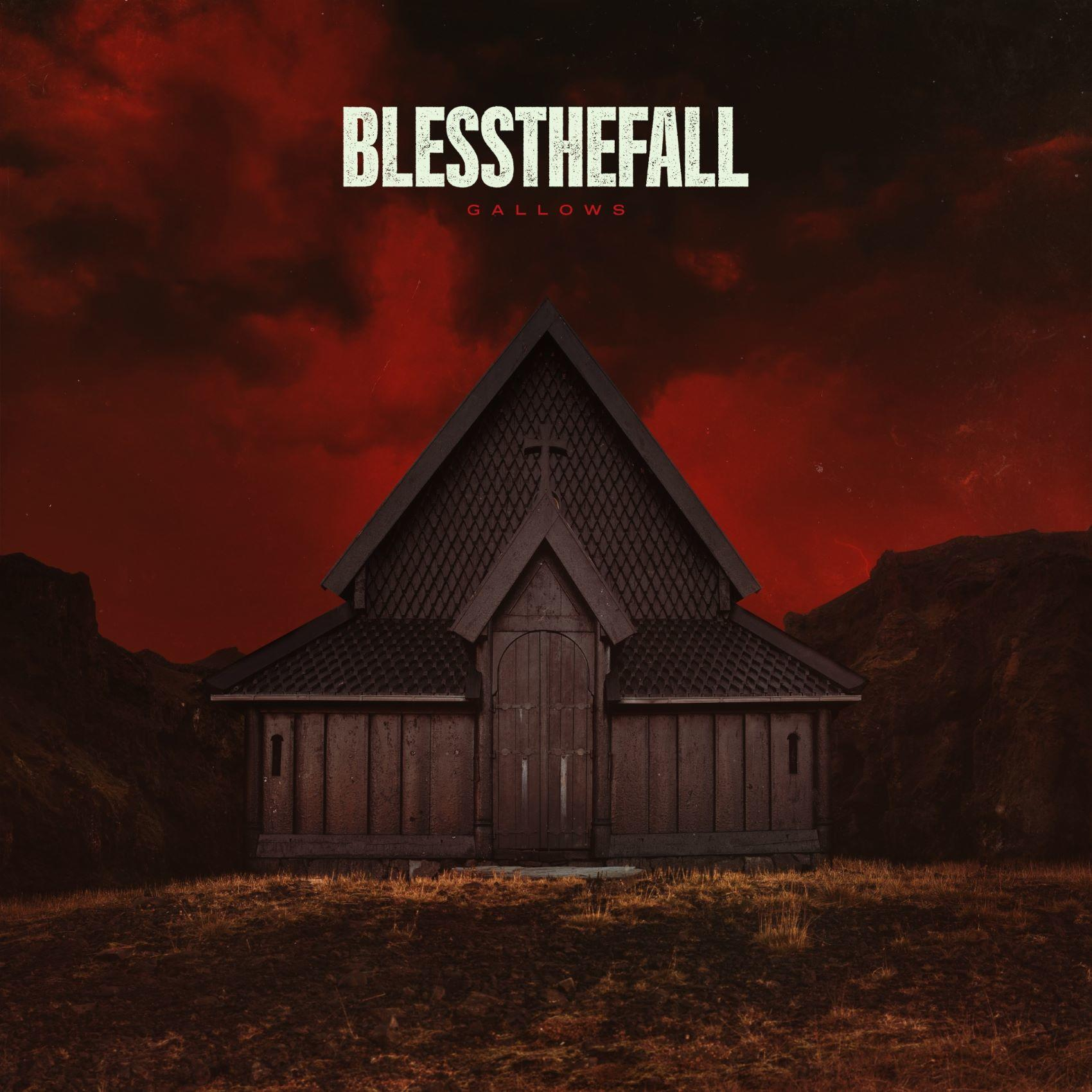 Das Albumcover zeigt eine Holzkirche vor rotem Himmel. Titel ist 'Bless The Fall', Album 'Gallows'.