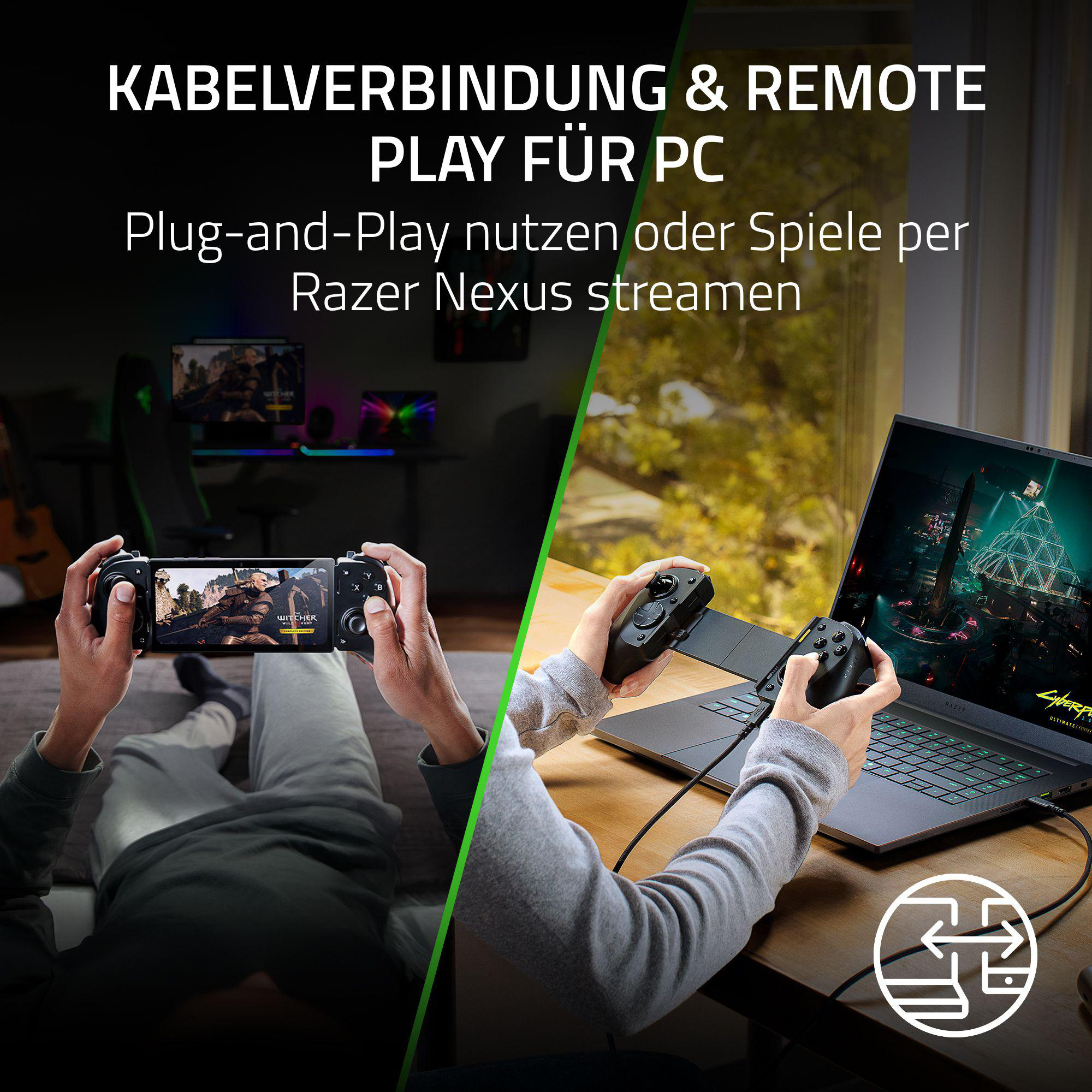 Personen halten Controller. Einer mit Smartphone, das ein Spiel zeigt. Einer mit Laptop, das ebenfalls ein Spiel zeigt.
