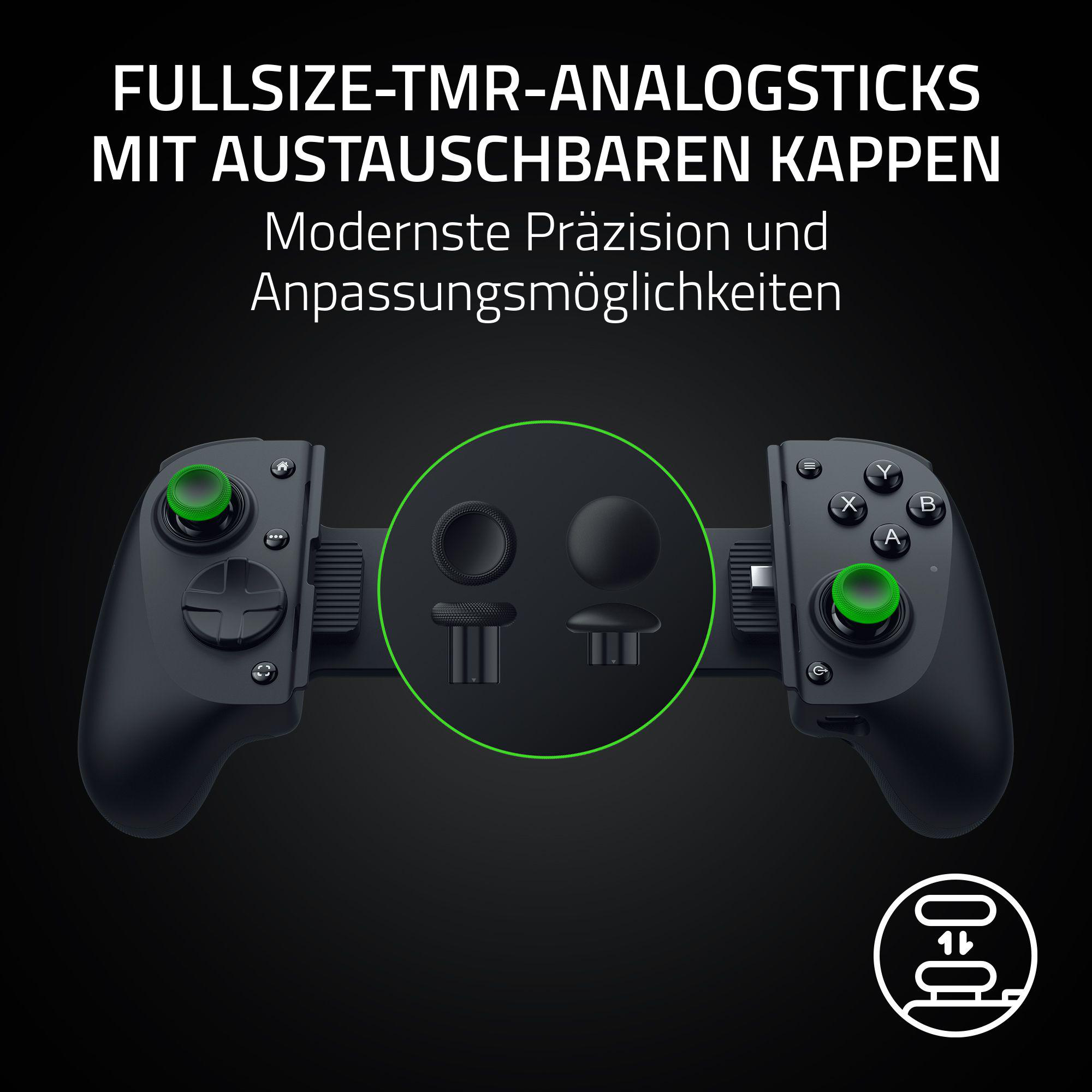 Schwarzer Gamecontroller mit grünen Thumbsticks und Knöpfen. Text oben: FULLSIZE-TMR-ANALOGSTICKS.