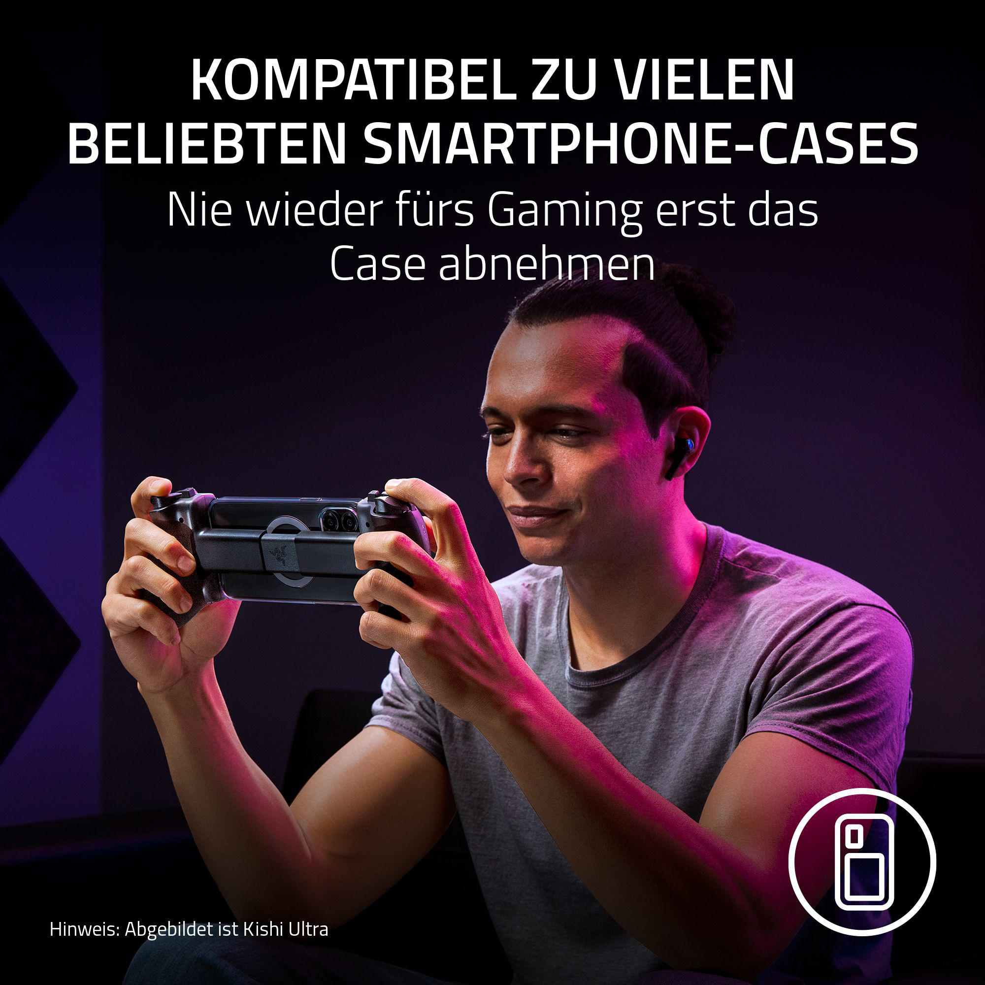 Mann hält Controller, Text: 'Kompatibel mit vielen Smartphone-Hüllen'. Hintergrund lila und schwarz.