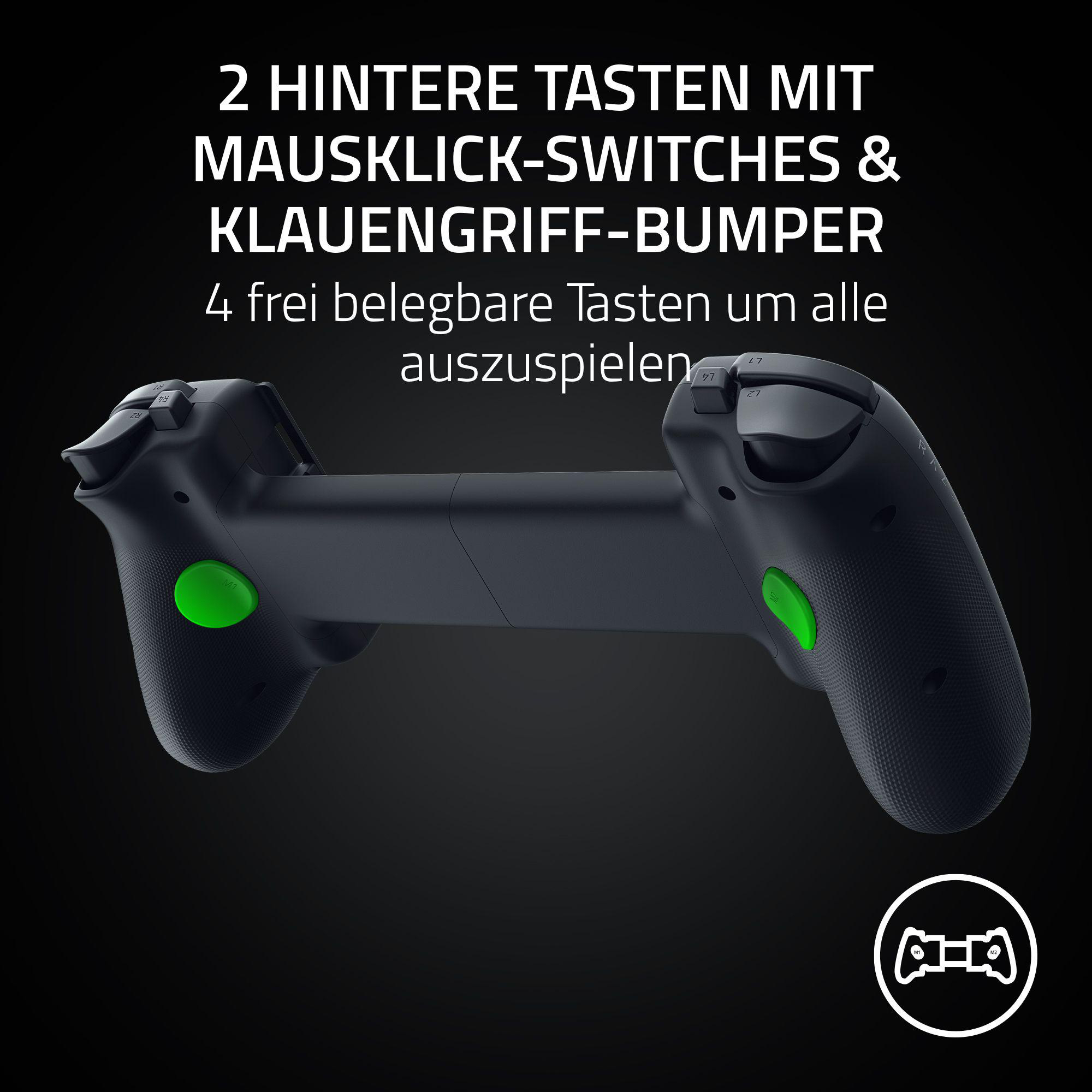 Schwarzer Gamecontroller mit grünen Knöpfen, Text in Weiß. Schwarzer Hintergrund. Logo des Controllers unten rechts.