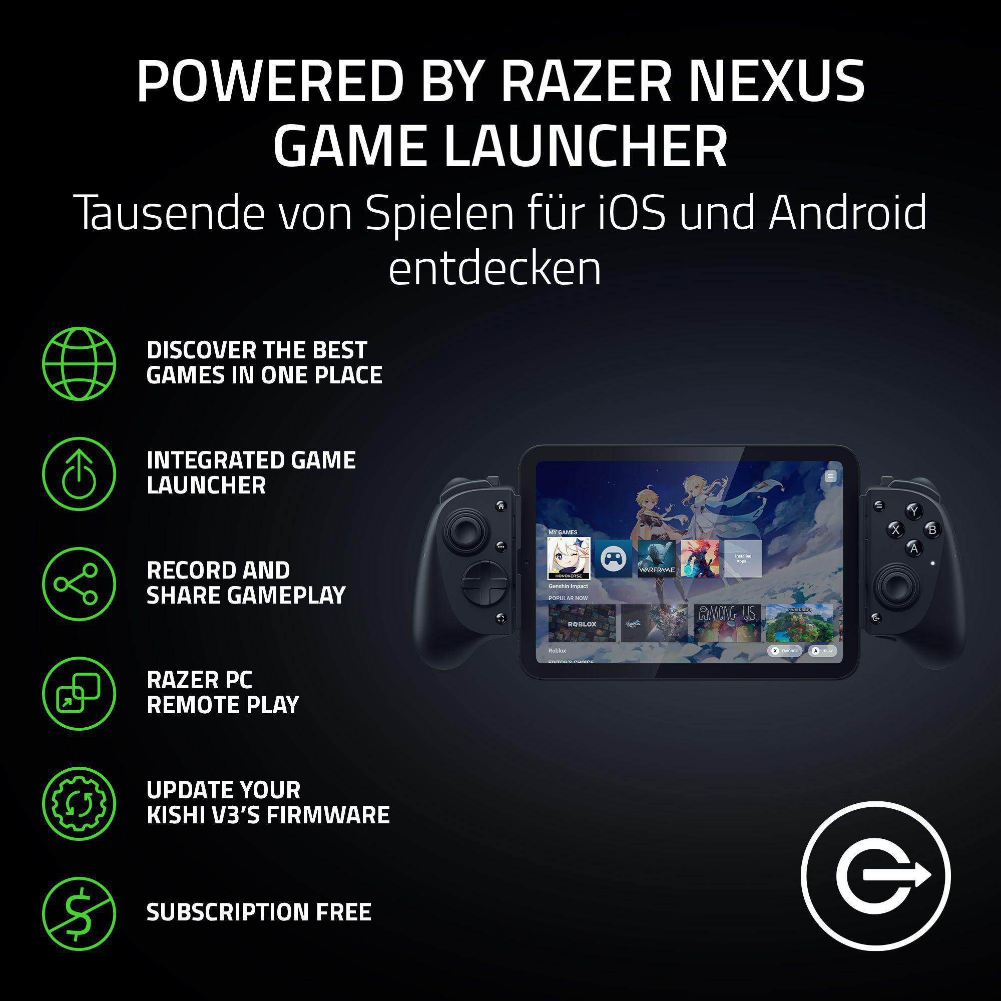 Bild des Razer Nexus Game Launchers. Zeigt ein Tablet mit Gamecontrollern, bewirbt Spiele und Funktionen.