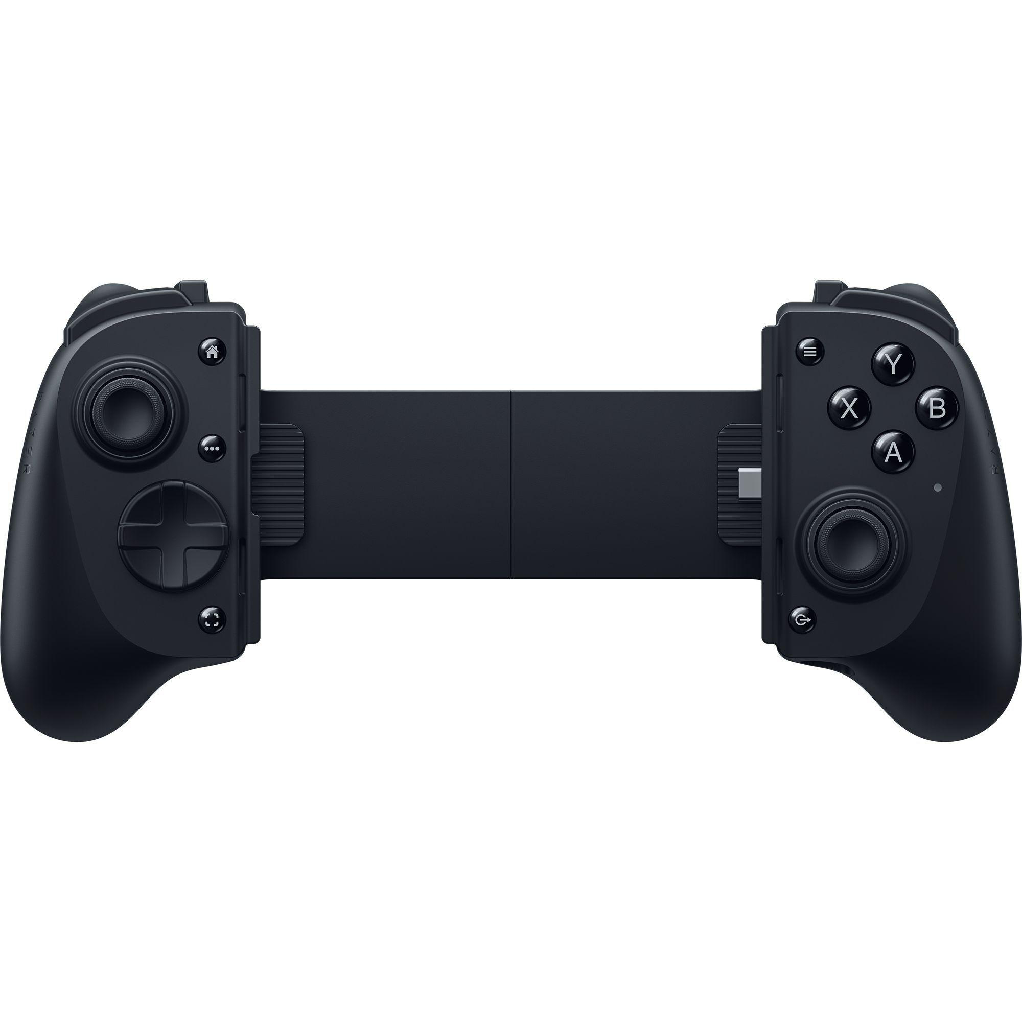 Ein schwarzer Gaming-Controller mit Knöpfen, Joysticks und einem zentralen, ausziehbaren Teil, vor weißem Hintergrund.