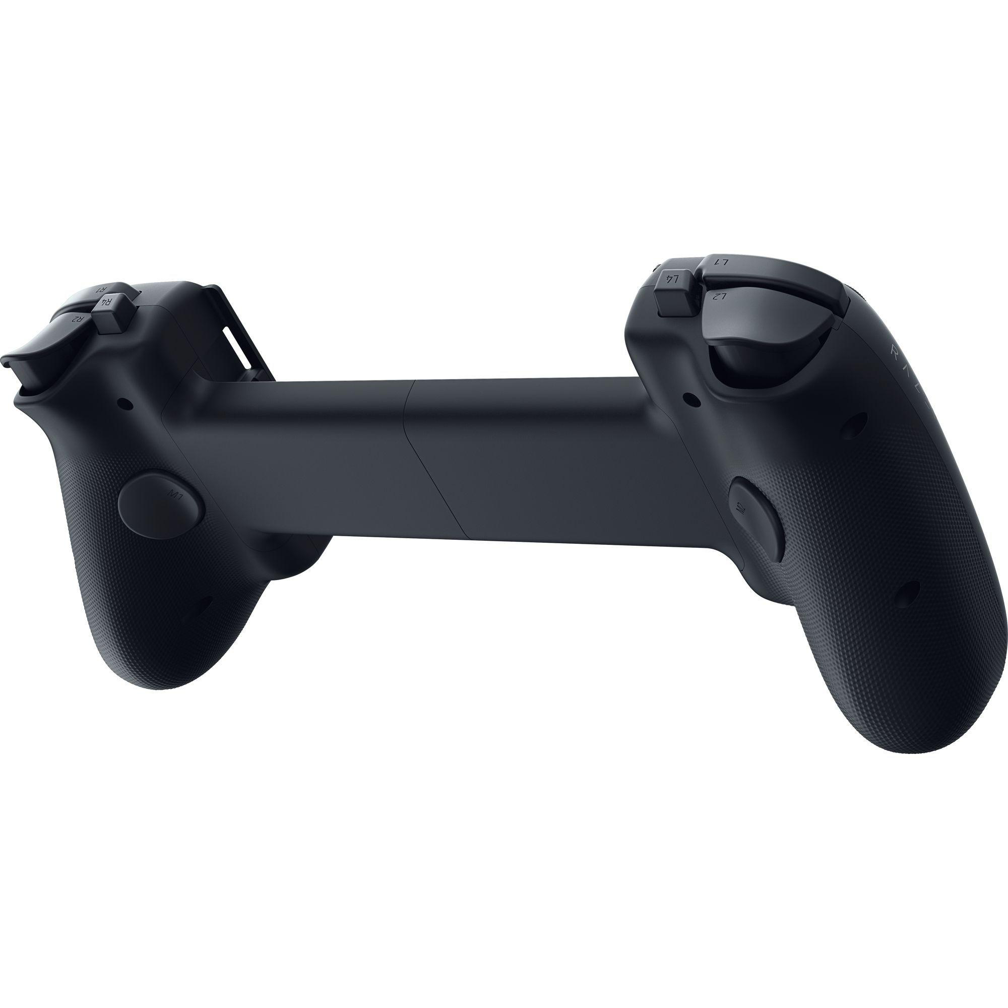 Schwarzer Gamecontroller mit Tasten L1, L2, R1, R2. Er hat strukturierte Griffe und ist auf weißem Hintergrund isoliert.
