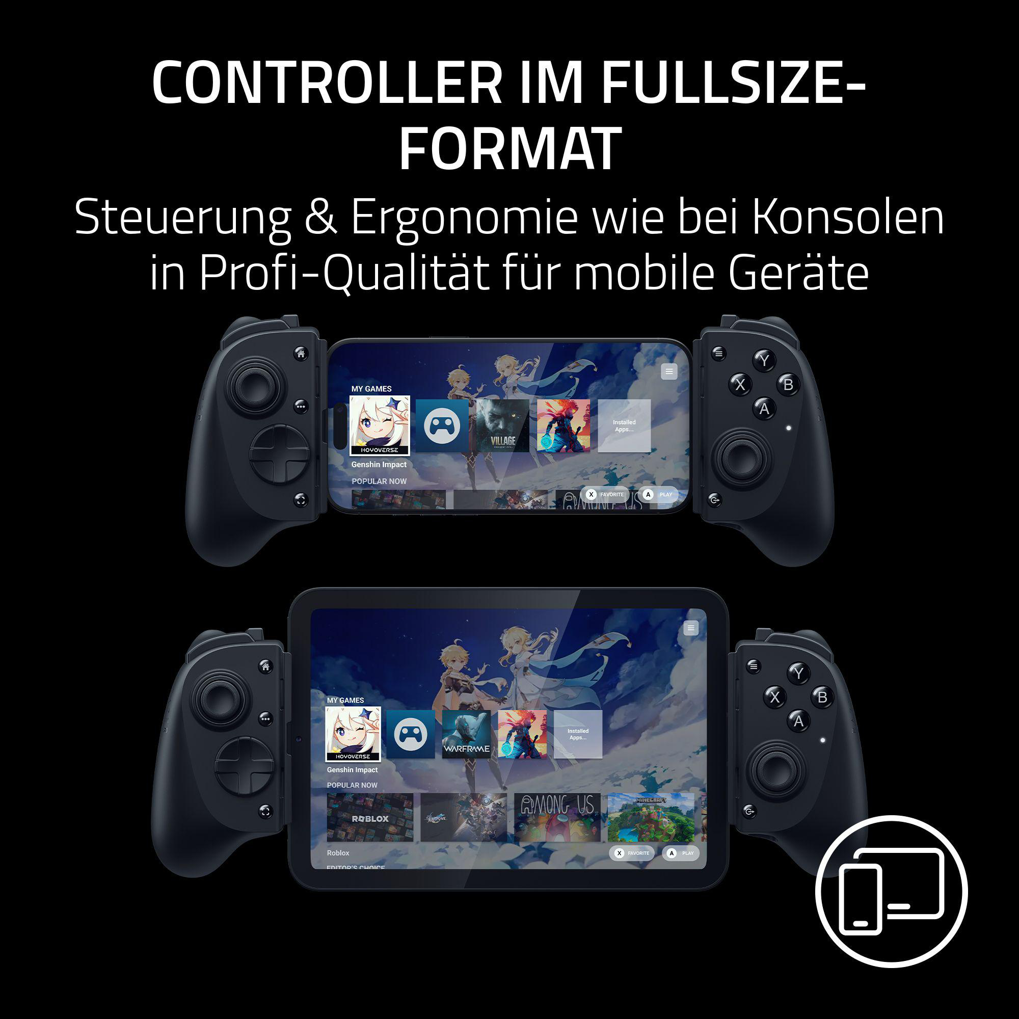 Schwarze Gamecontroller mit Handys und Tablets, die Spieloberflächen anzeigen. Text: Controller im Großformat.