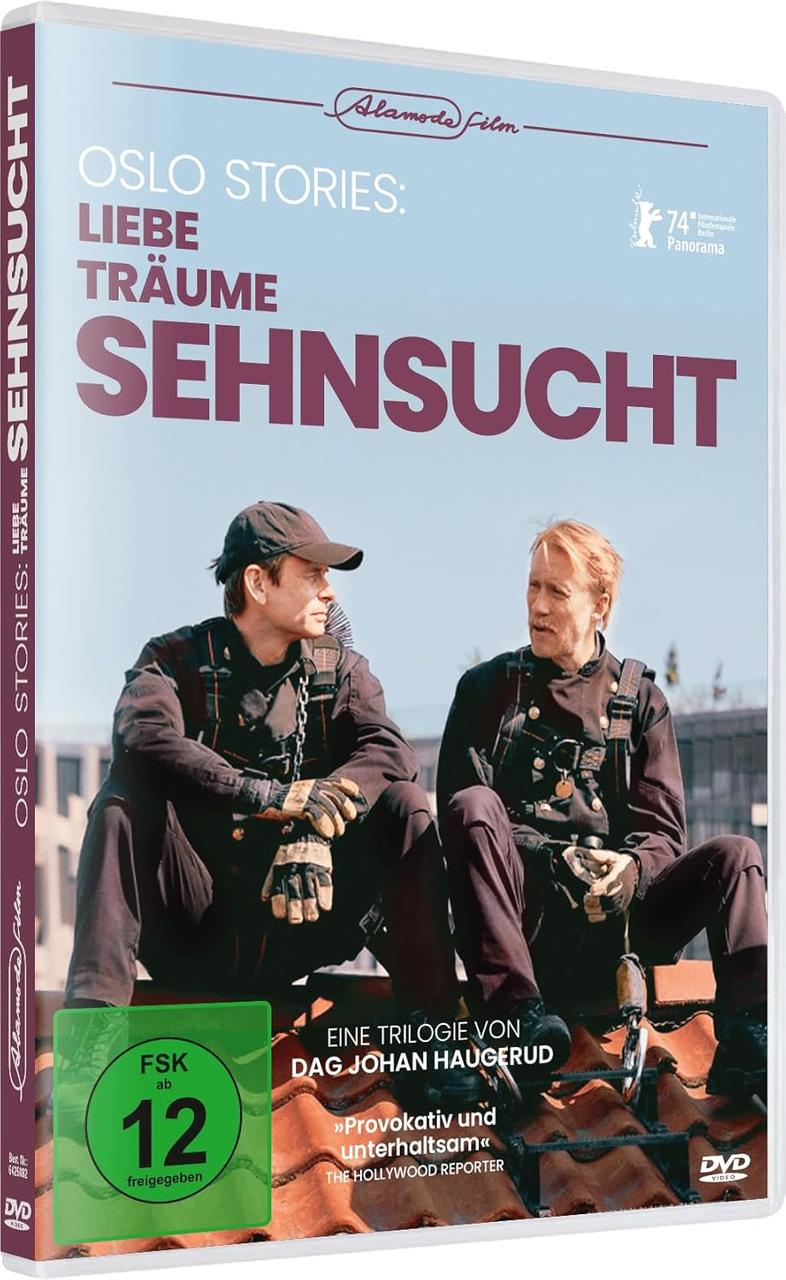 DVD-Cover: Zwei Männer auf einem Dach, Titel „Oslo Stories: Sehnsucht“. Grüner Aufkleber „FSK ab 12“. Hintergrund ist ein hellblauer Himmel.