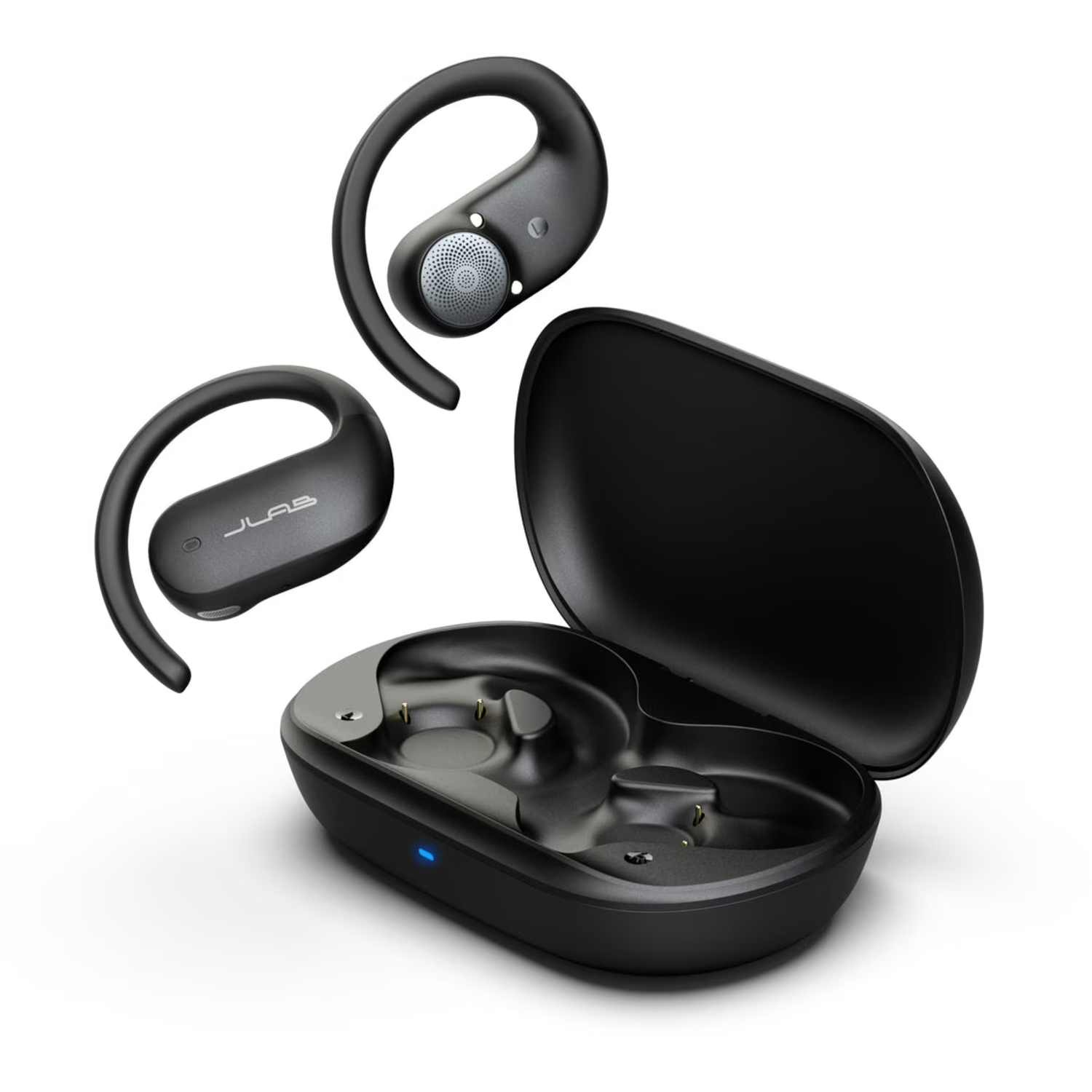 Black JLab earbuds and charging case on white background. Earbuds are detached. Case is open with a blue light.