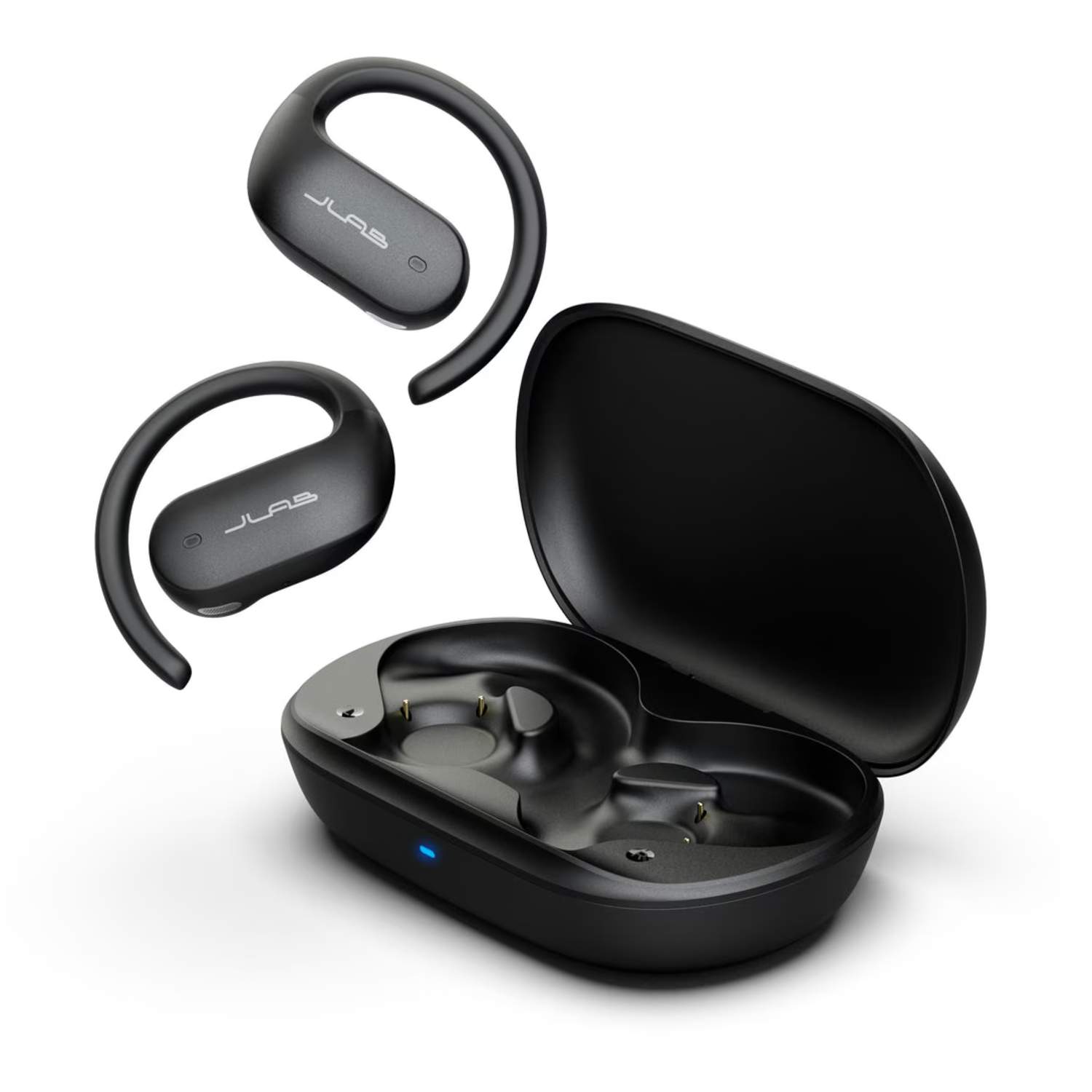 Black JLab earbuds with charging case. Two earbuds are floating above the open case. White background.