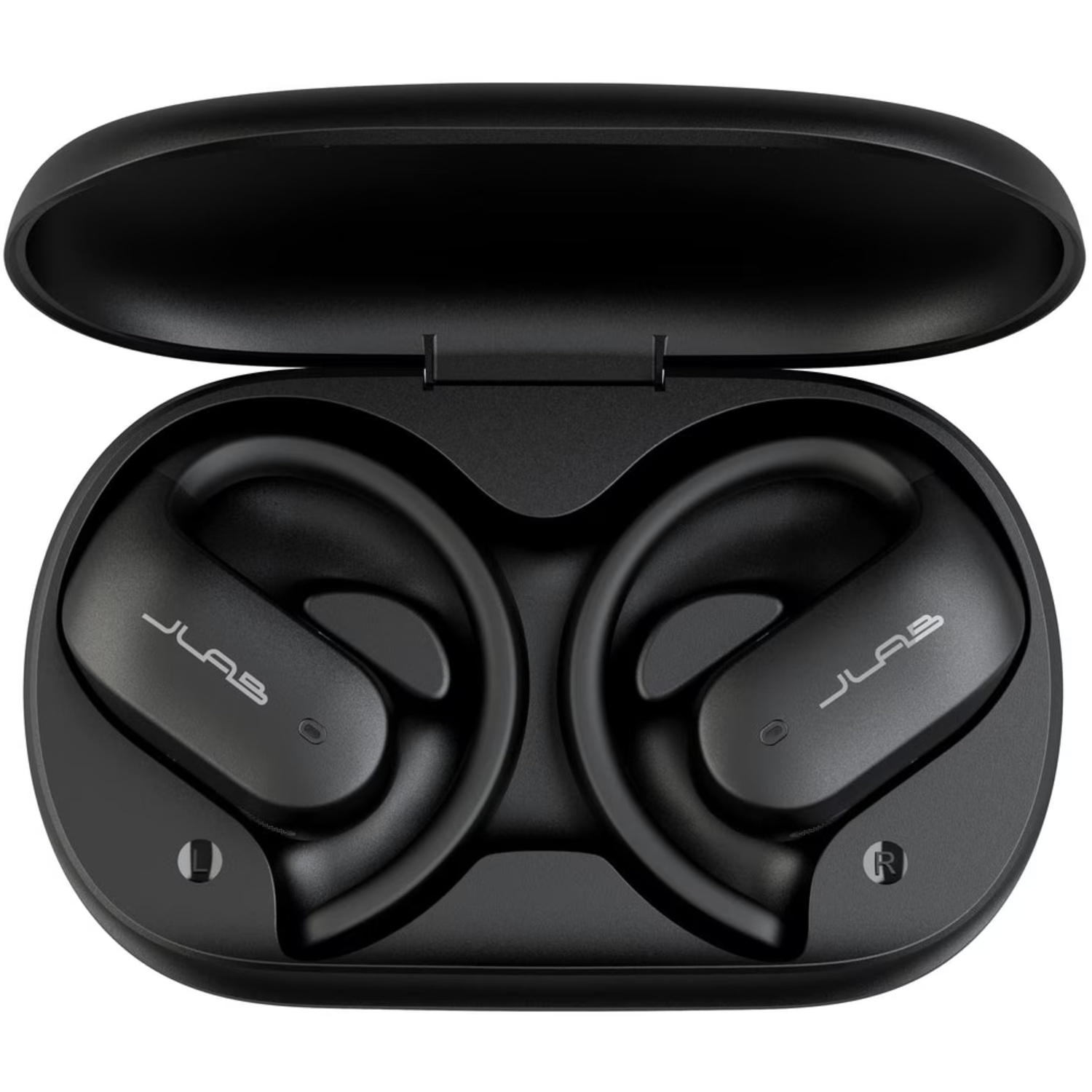 Black JLab earbuds in an open black charging case. The earbuds are curved and have the JLab logo. The case is on a white background.
