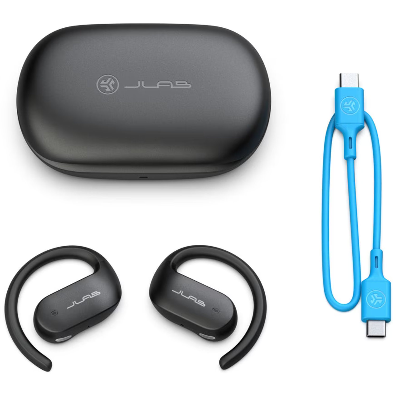 Black JLab earbuds, case, and blue charging cable on white background. Earbuds have ear hooks.