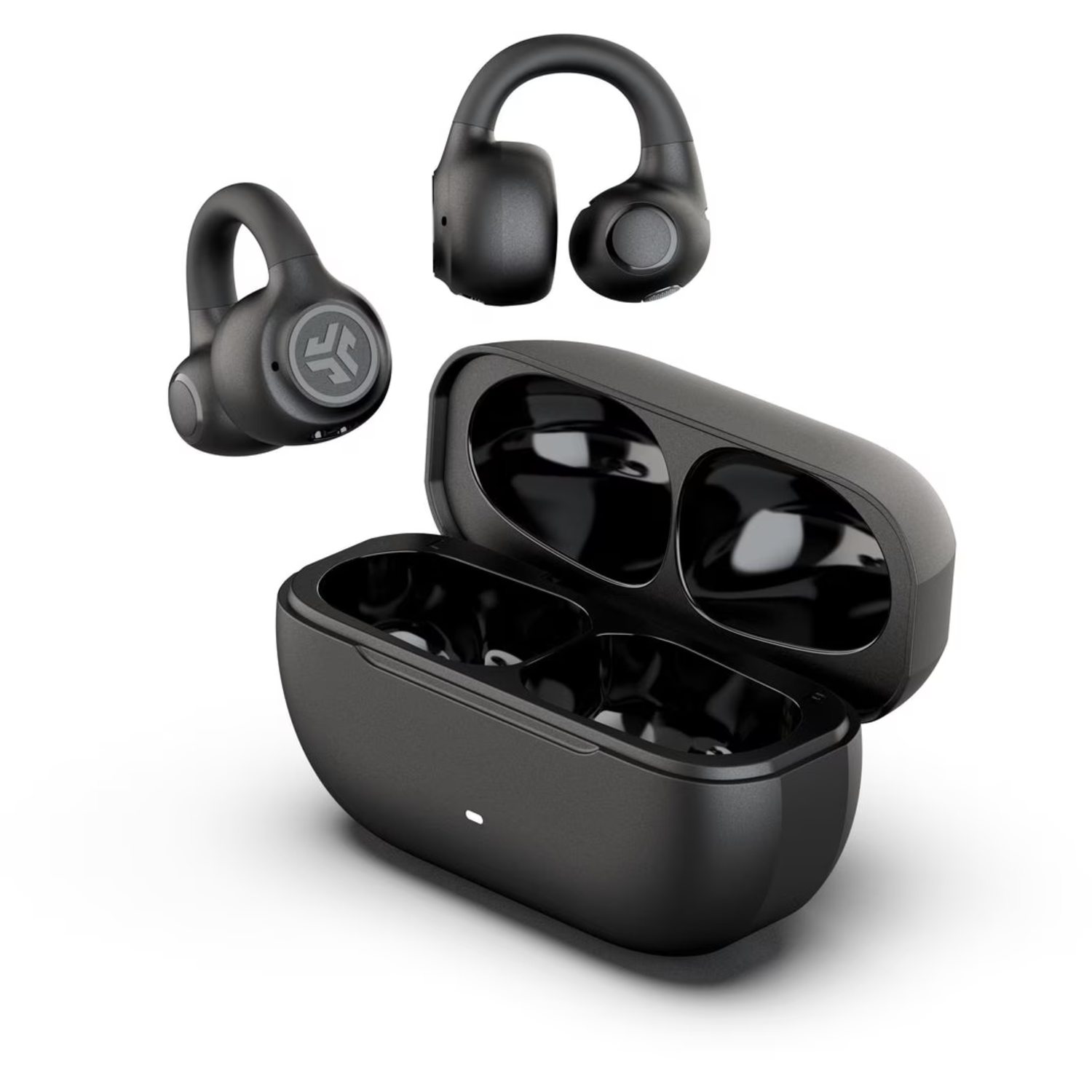 Black wireless earbuds with charging case. Earbuds are in and out of case. White background.