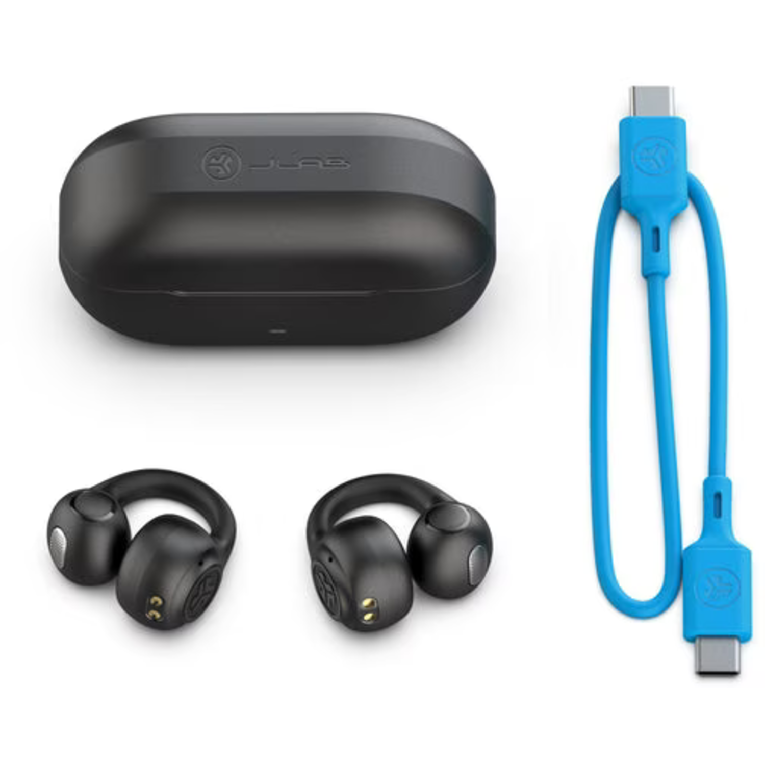 Image shows black earbuds, a charging case, and a blue USB-C cable. All products are on a white background.