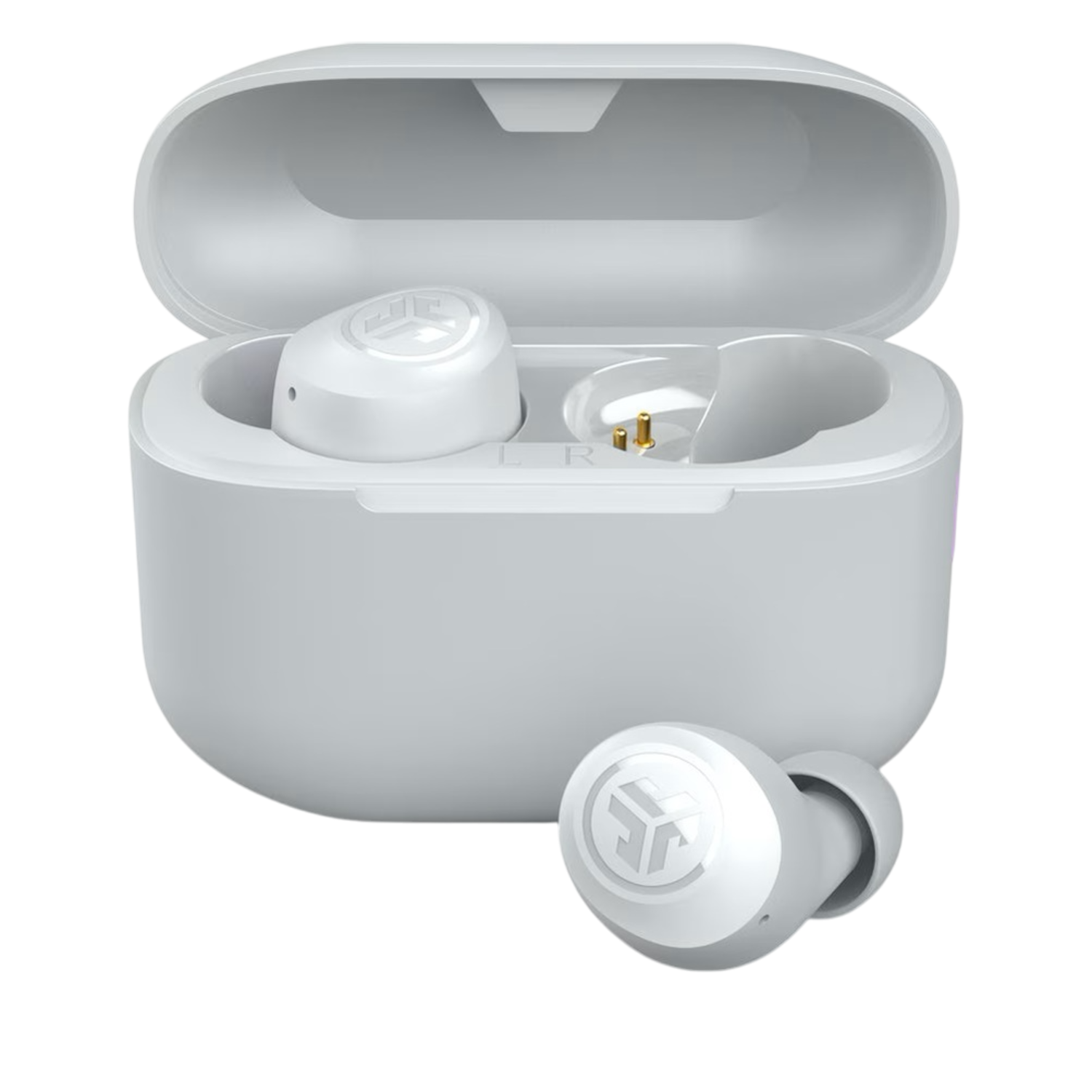 White wireless earbuds in an open charging case. One earbud outside the case. Black background. The case is open.