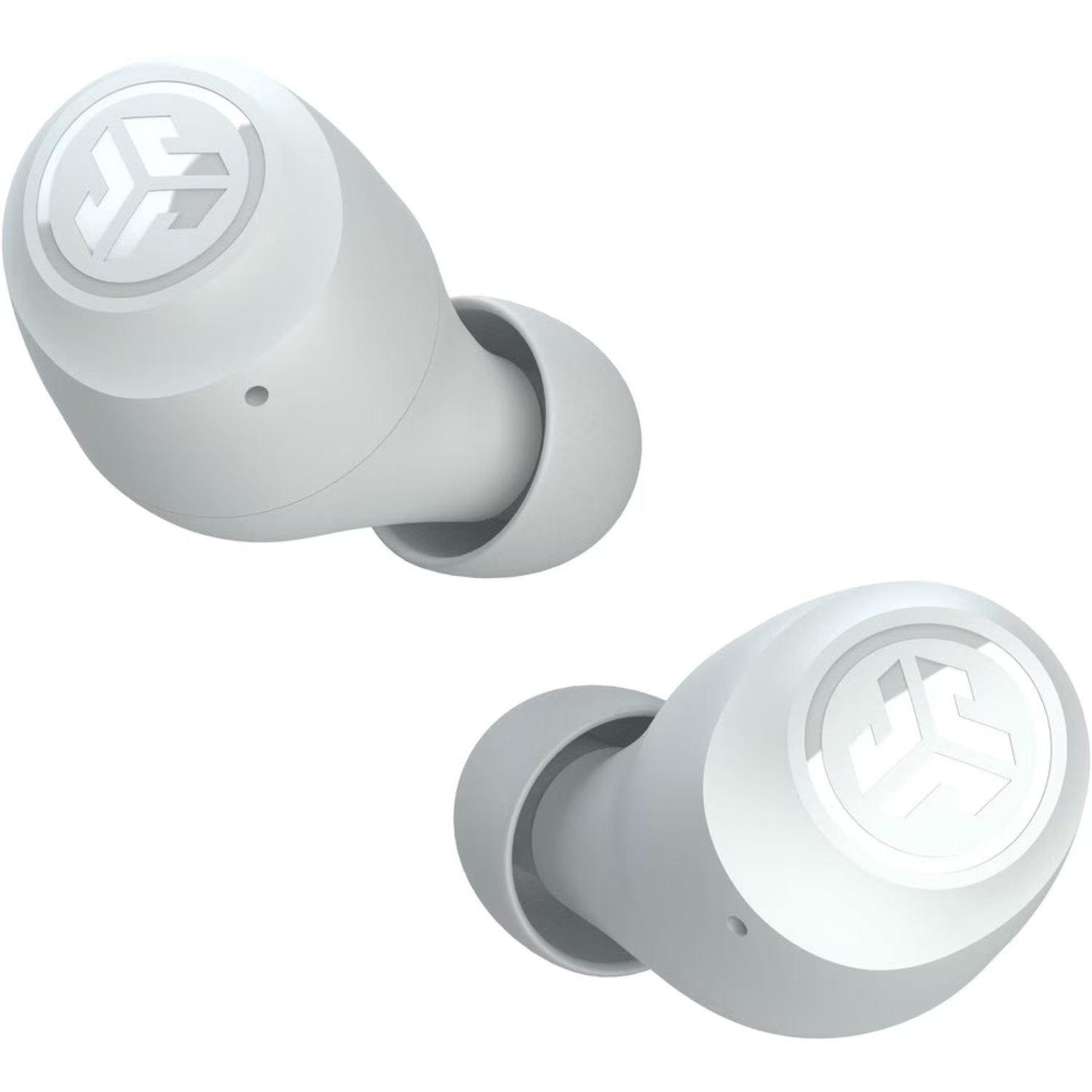 Two white wireless earbuds, each with a logo, angled against a white background. One is in the foreground, the other in the background.