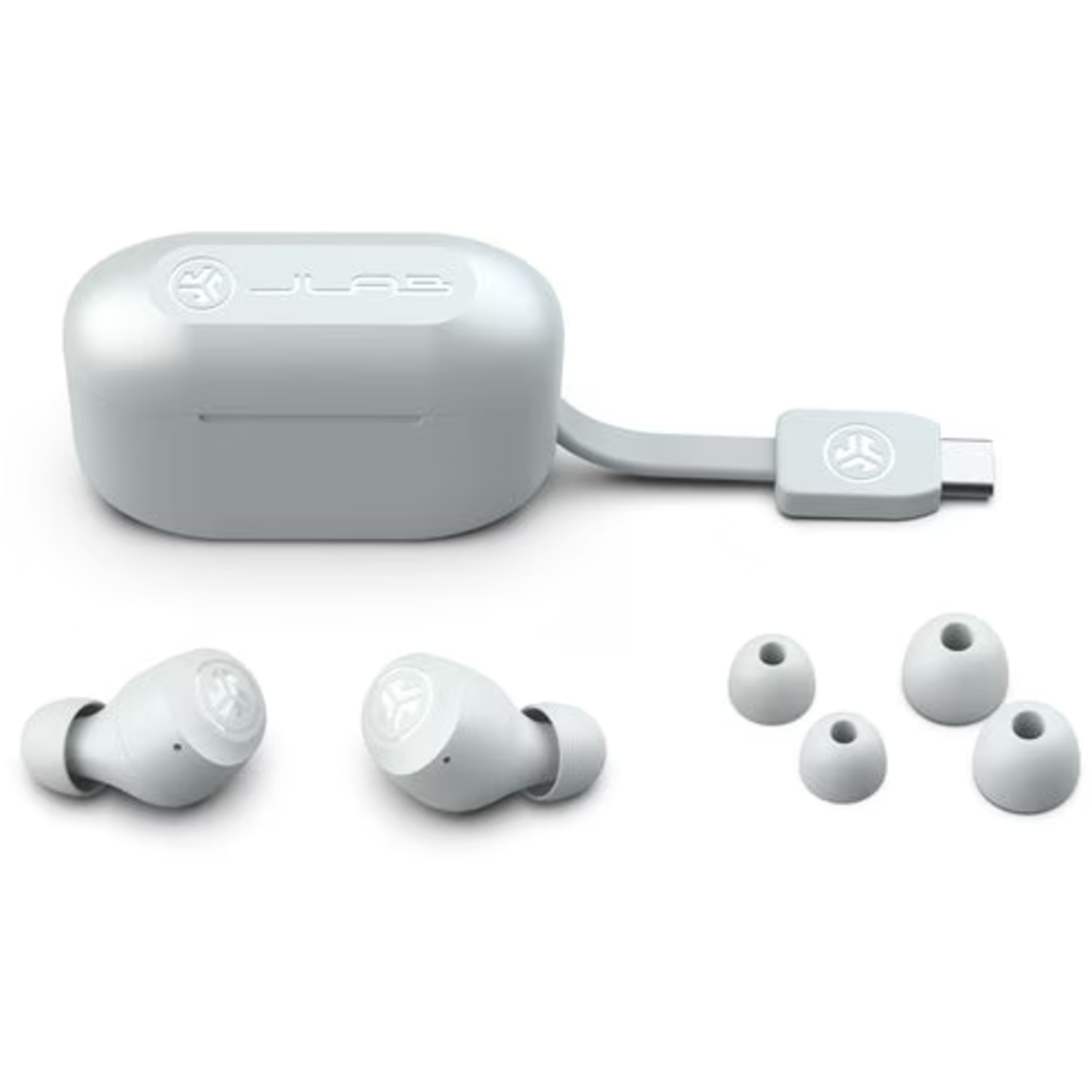 White JLab earbuds, charging case, and extra tips are displayed. The case is connected to a USB-C cable. All items are white.