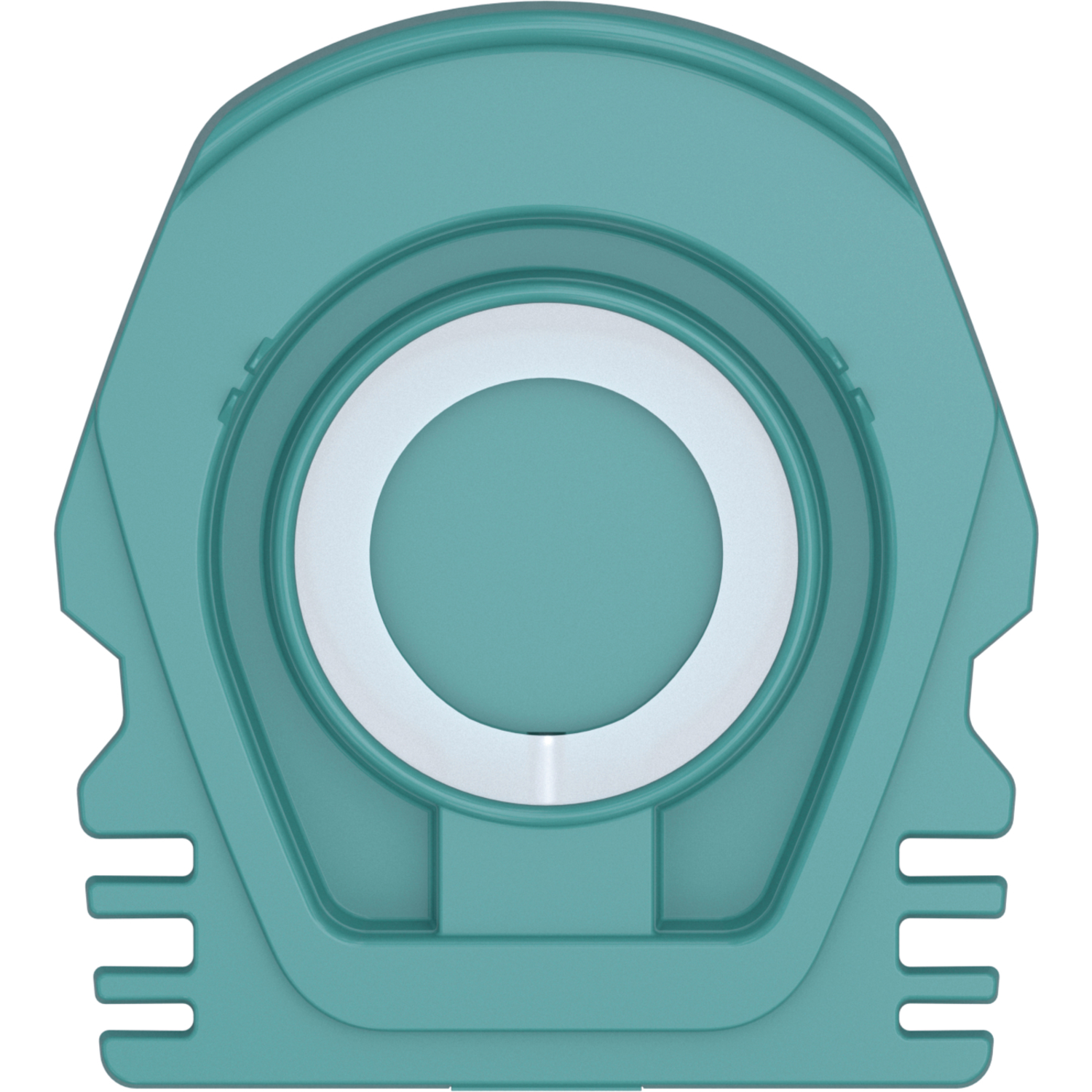 Een turquoise kunststof component met een witte centrale ring en een turquoise interieur. Unieke vorm met groeven.