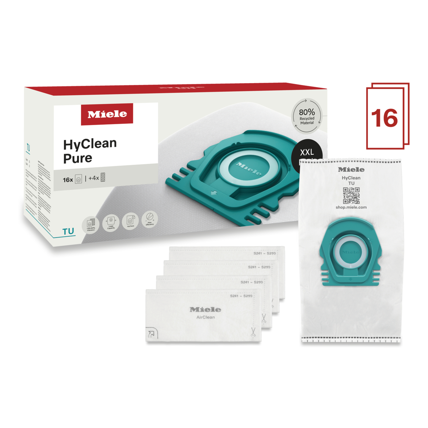Miele HyClean Pure stofzuigerzakken, 16+4, met 80% gerecycled materiaal. Inclusief zakken en filters.