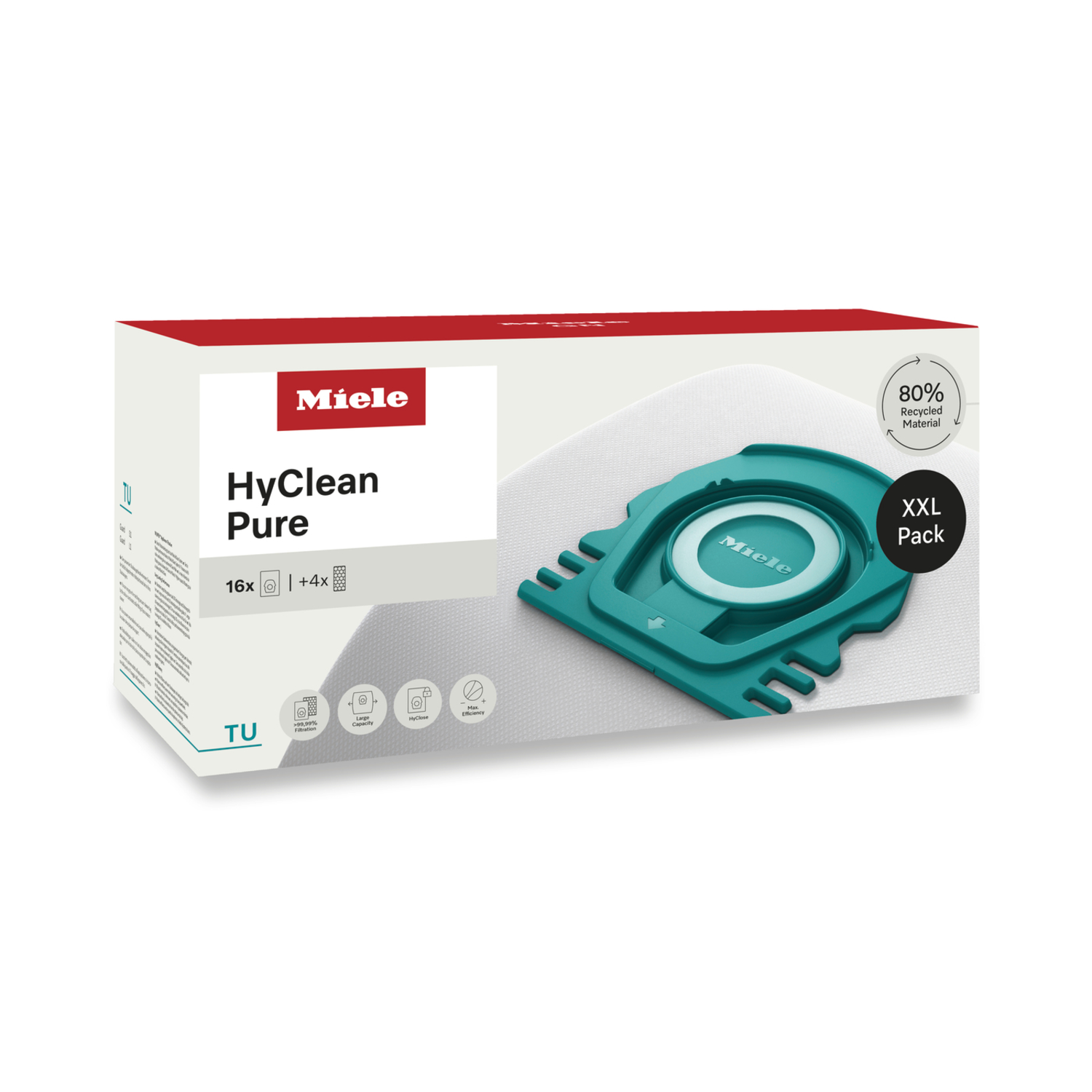 Een Miele HyClean Pure XXL stofzuigerzakverpakking. Het heeft een witte doos met een blauwgroene zak en 80% gerecycled materiaal.