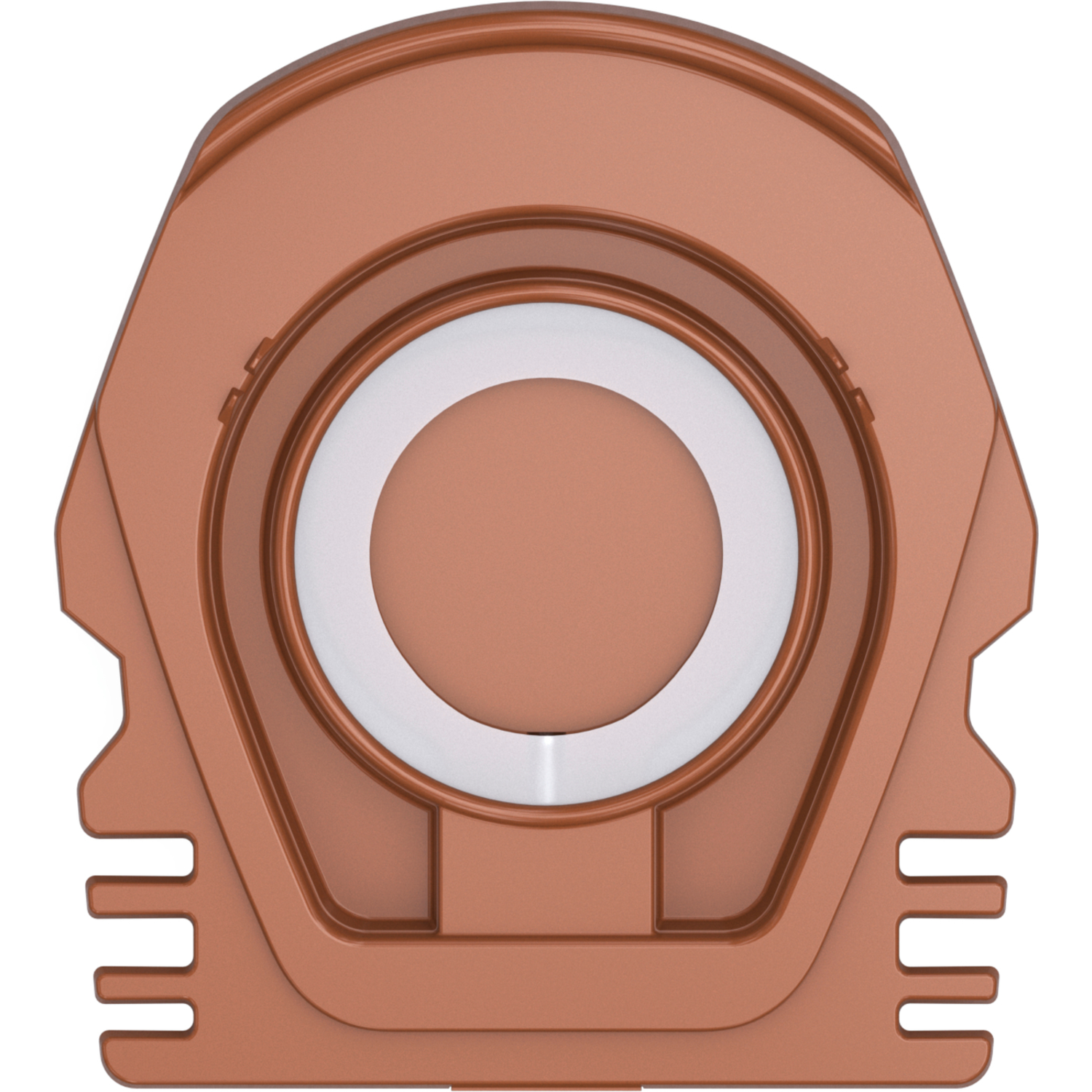 Een bruin, abstract gevormd object met een witte cirkel in het midden. Het heeft een symmetrisch ontwerp met sleuven aan de zijkanten.