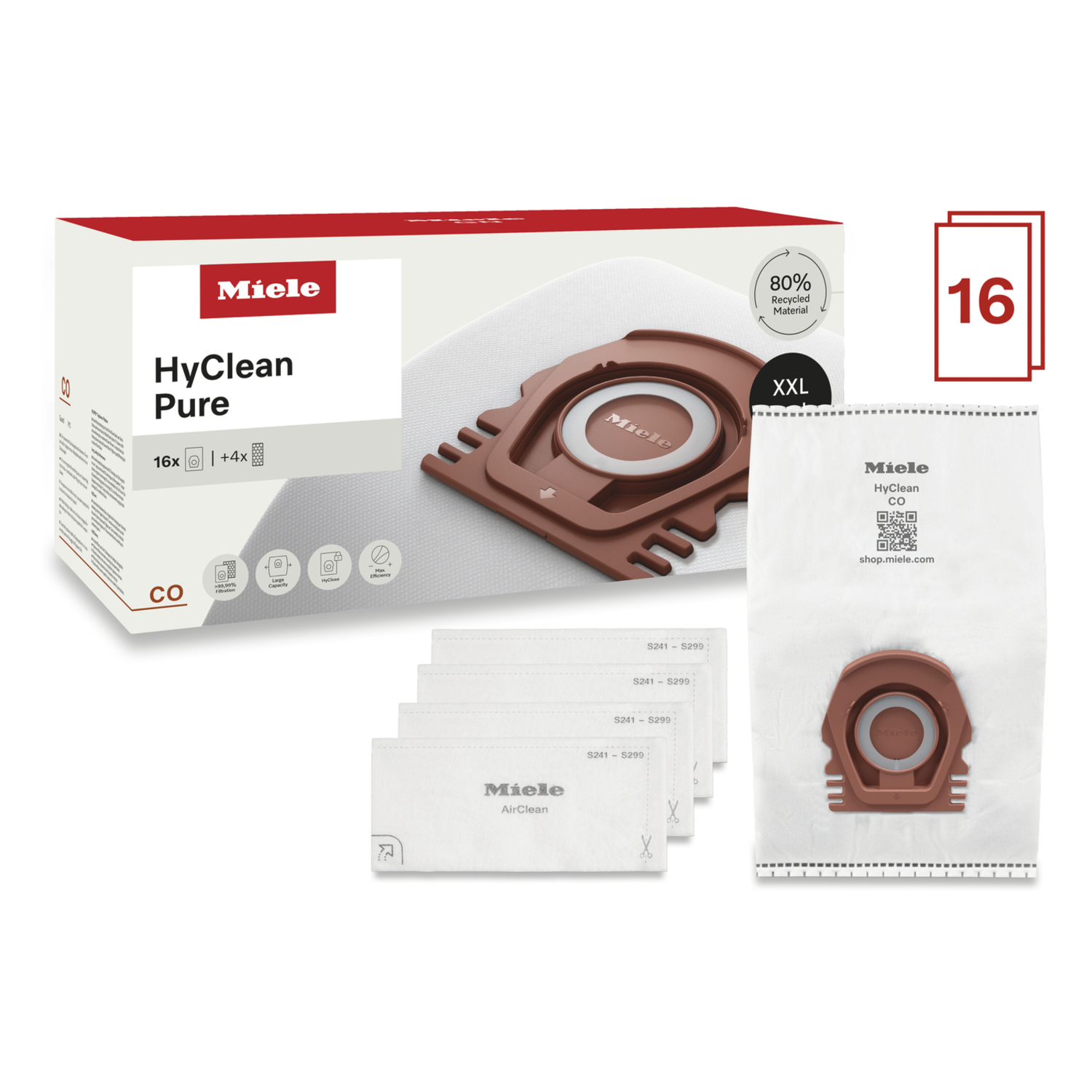 Miele HyClean Pure stofzuigerzakken. Doos met 16 zakken. Bevat verschillende individuele zakken en een diagram voor de zakken. De doos heeft 80% gerecycled materiaal.