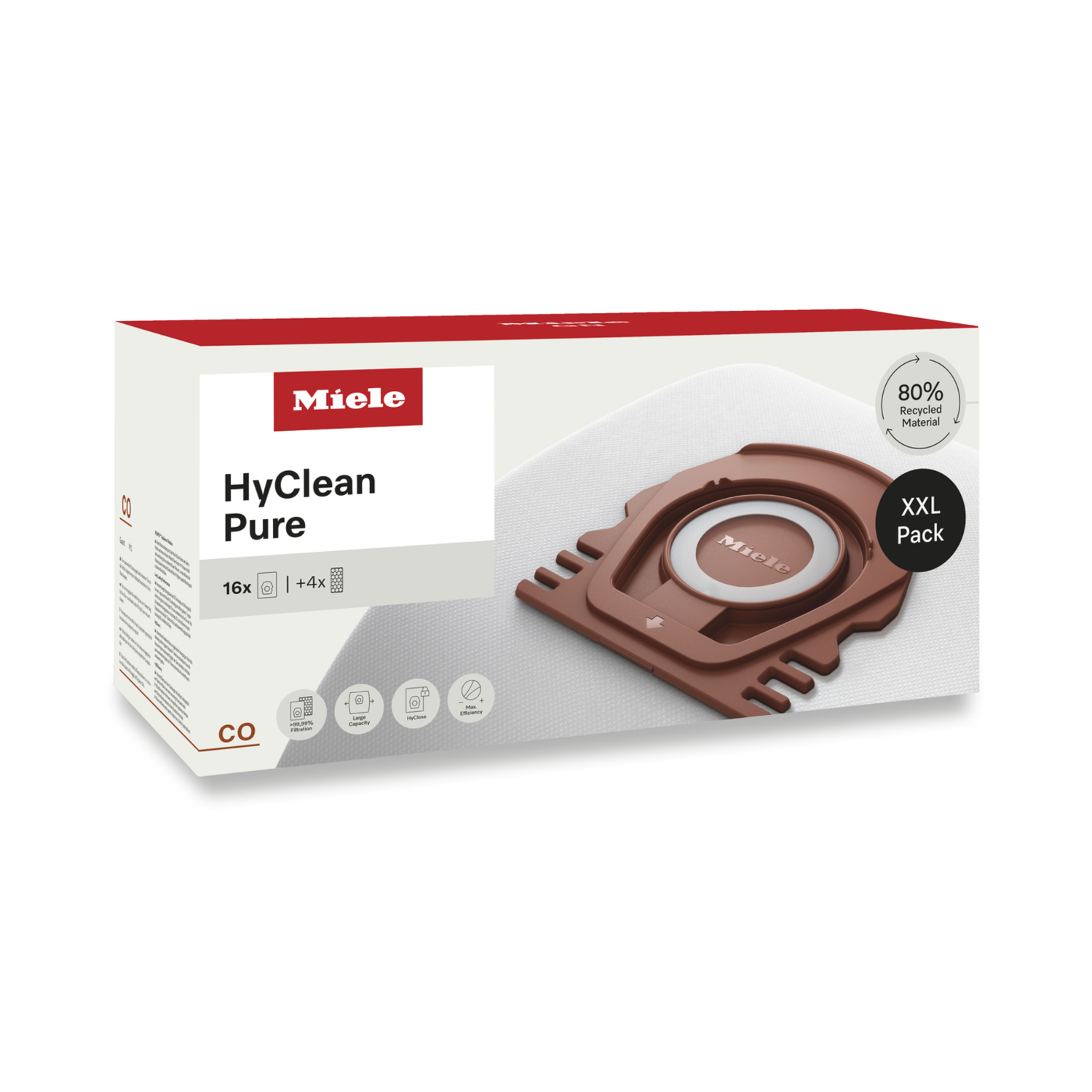 Doos met Miele HyClean Pure stofzuigerzakken. Bruine zak, witte doos met tekst en logo's, inclusief XXL Pack en 80% gerecycled materiaal.