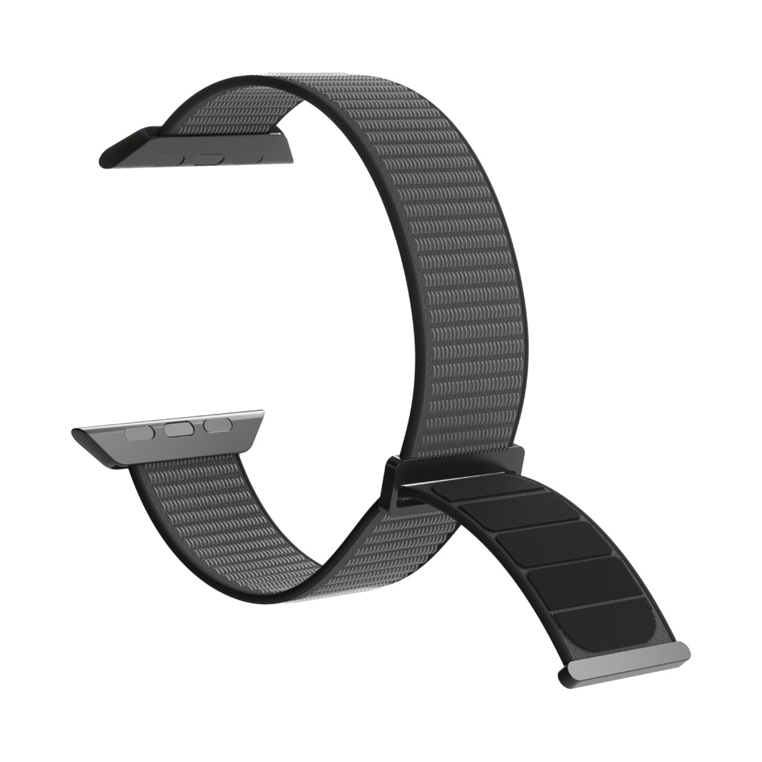 Un cinturino grigio e nero per Apple Watch. Il cinturino è curvo, con una fascia in tessuto strutturato e connettori e retro neri.